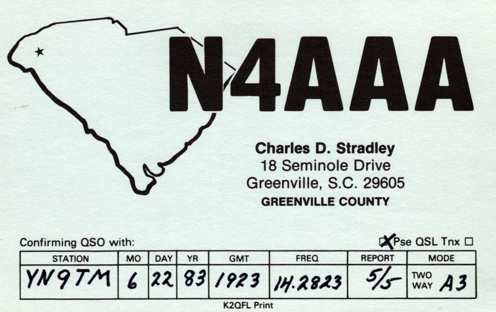Greenville South Carolina N4AAA QSL Radio Postcard