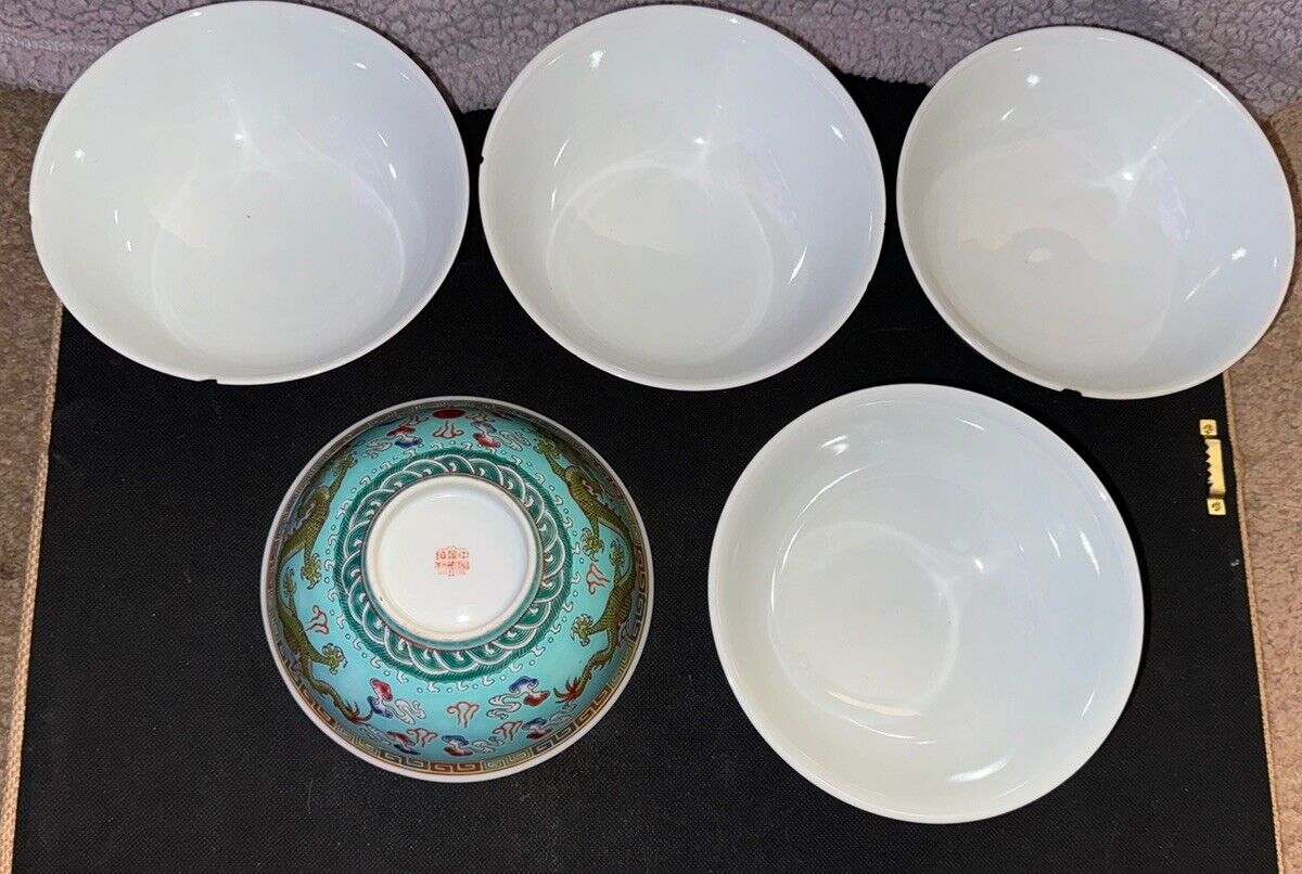 Vintage Oriental 5 Claw Dragon Teal Bowls
