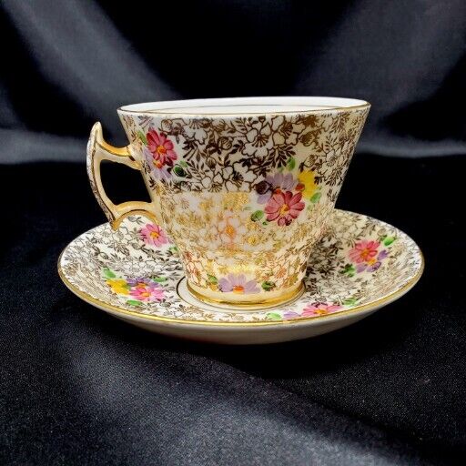 PHOENIX Bone China Gold Chintz Teacup and Saucer with Pink and Yellow Flowers