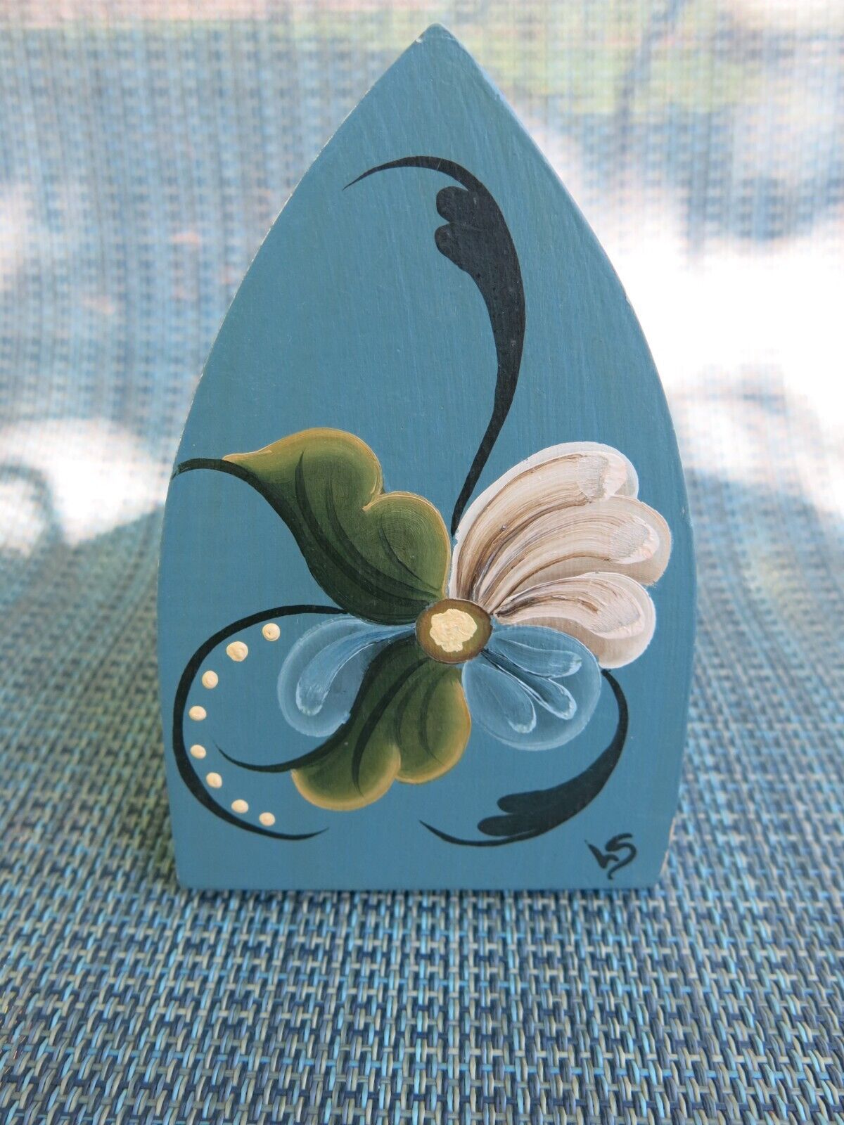 Vintage Artisan Signed Painted Floral Blue Card Recipe Folk Art Wooden Holder 