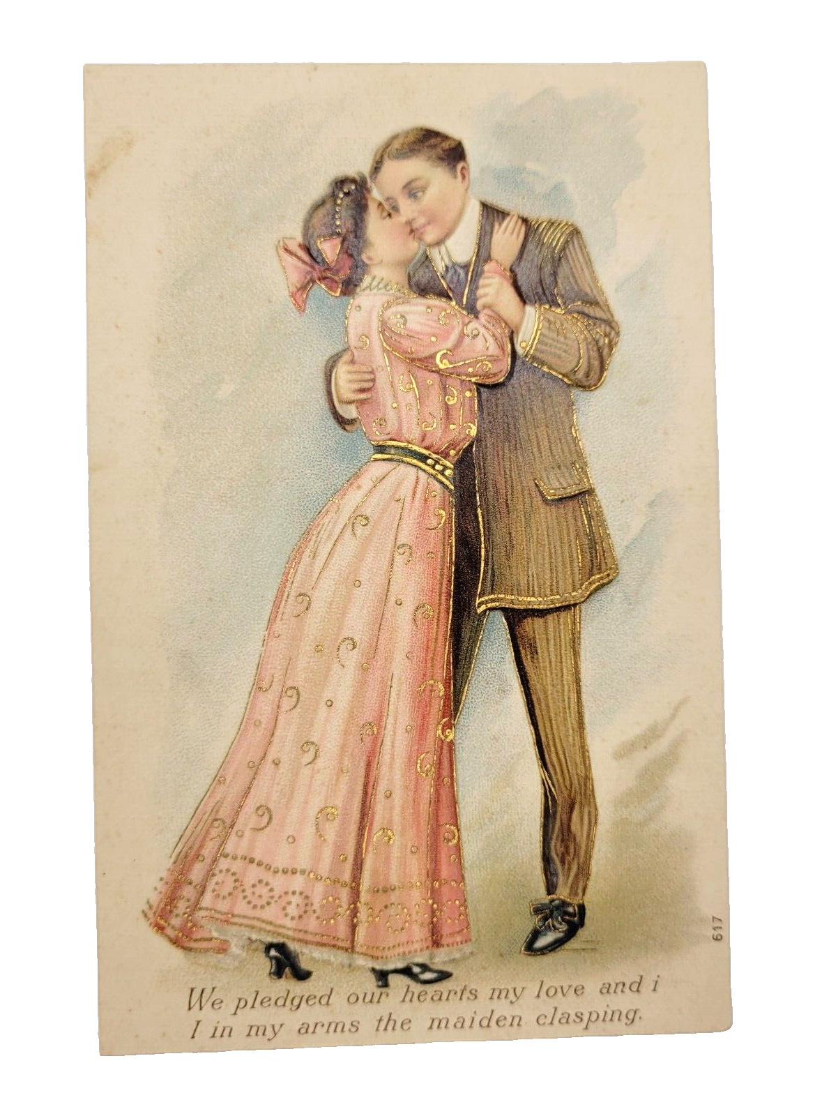 Antique Valentine We Pledged Our Hearts Couple Dancing 1910s Postcard Nice Stamp
