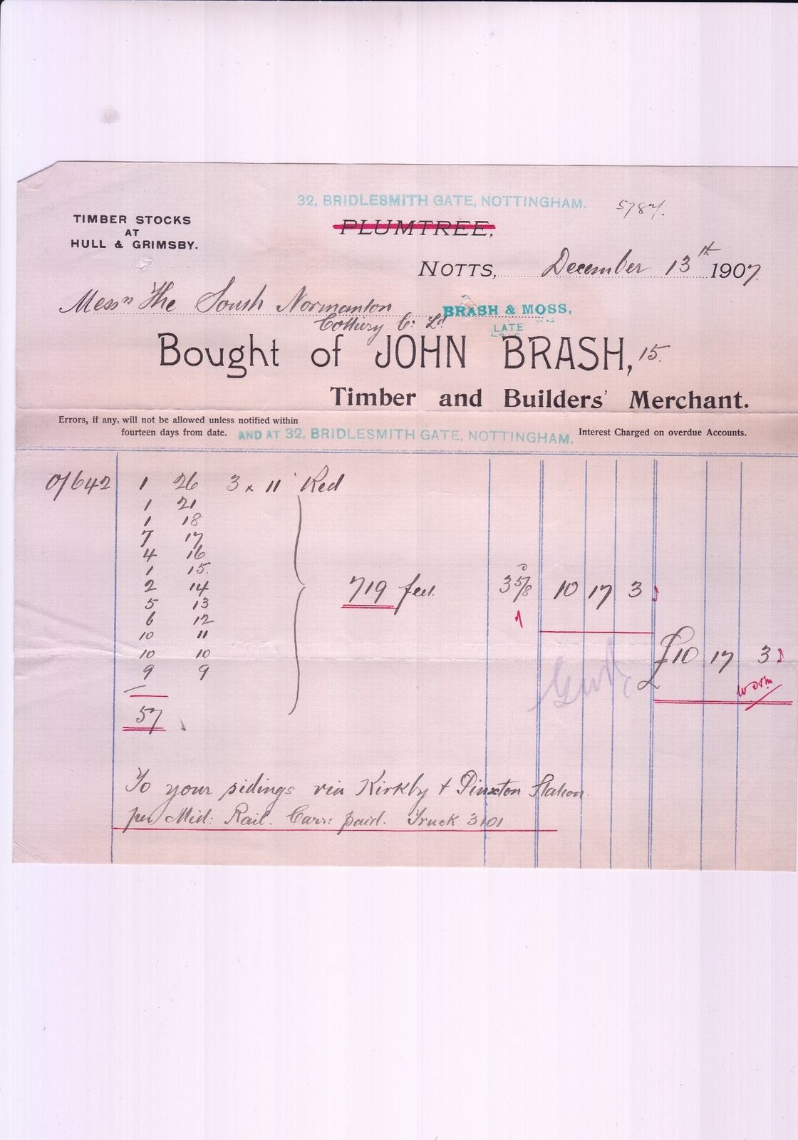 JOHN BRASH, Notts. Timber & Builders Merchants 1907 Red Goods Invoice Ref 48033