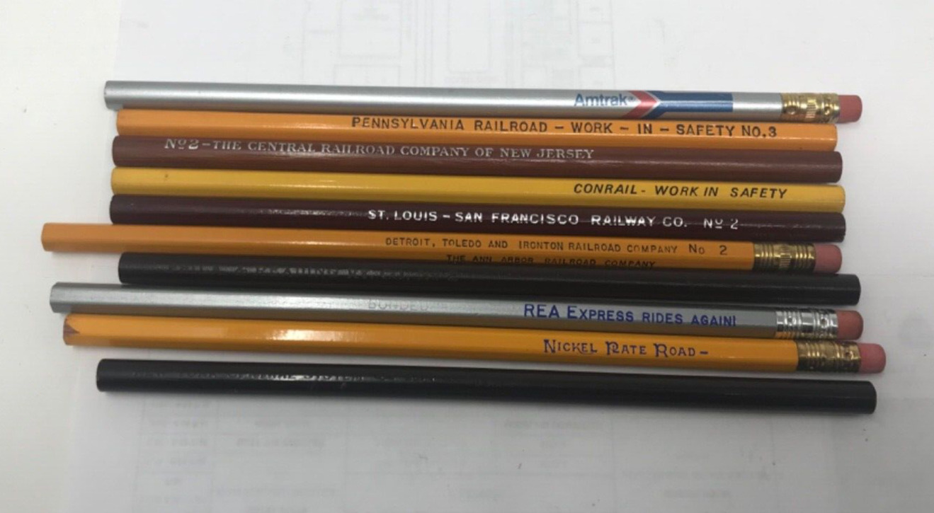 10 diff railroad pencils P&R,PRR,NKP,REA,CR,DT&I/AA,AMTRK, CRRofNJ,NYCS