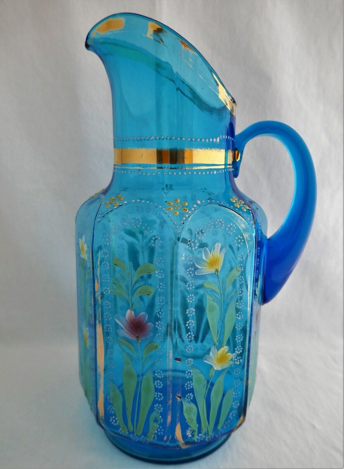 Antique Victorian blue glass enameled flowers Water lemonade large PITCHER
