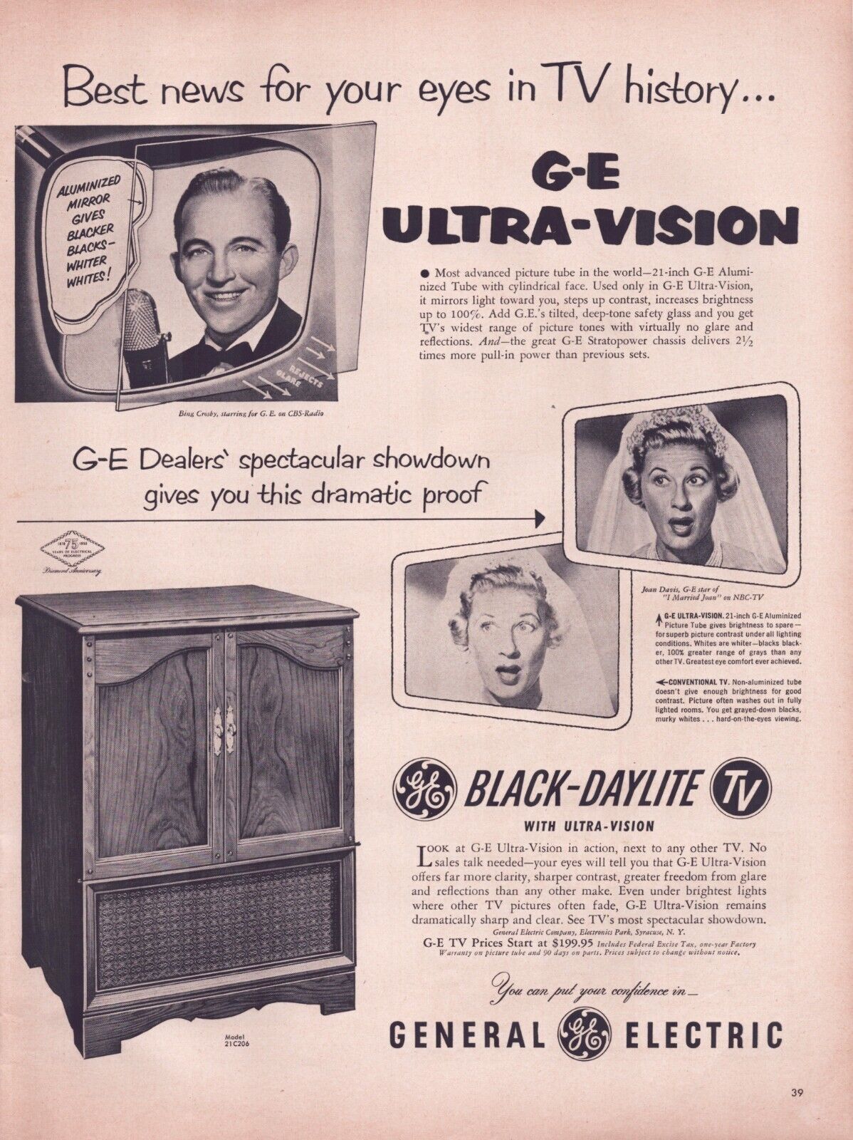 Print Ad General Electric Television TV 1953 Bing Crosby Full Page 10.5\