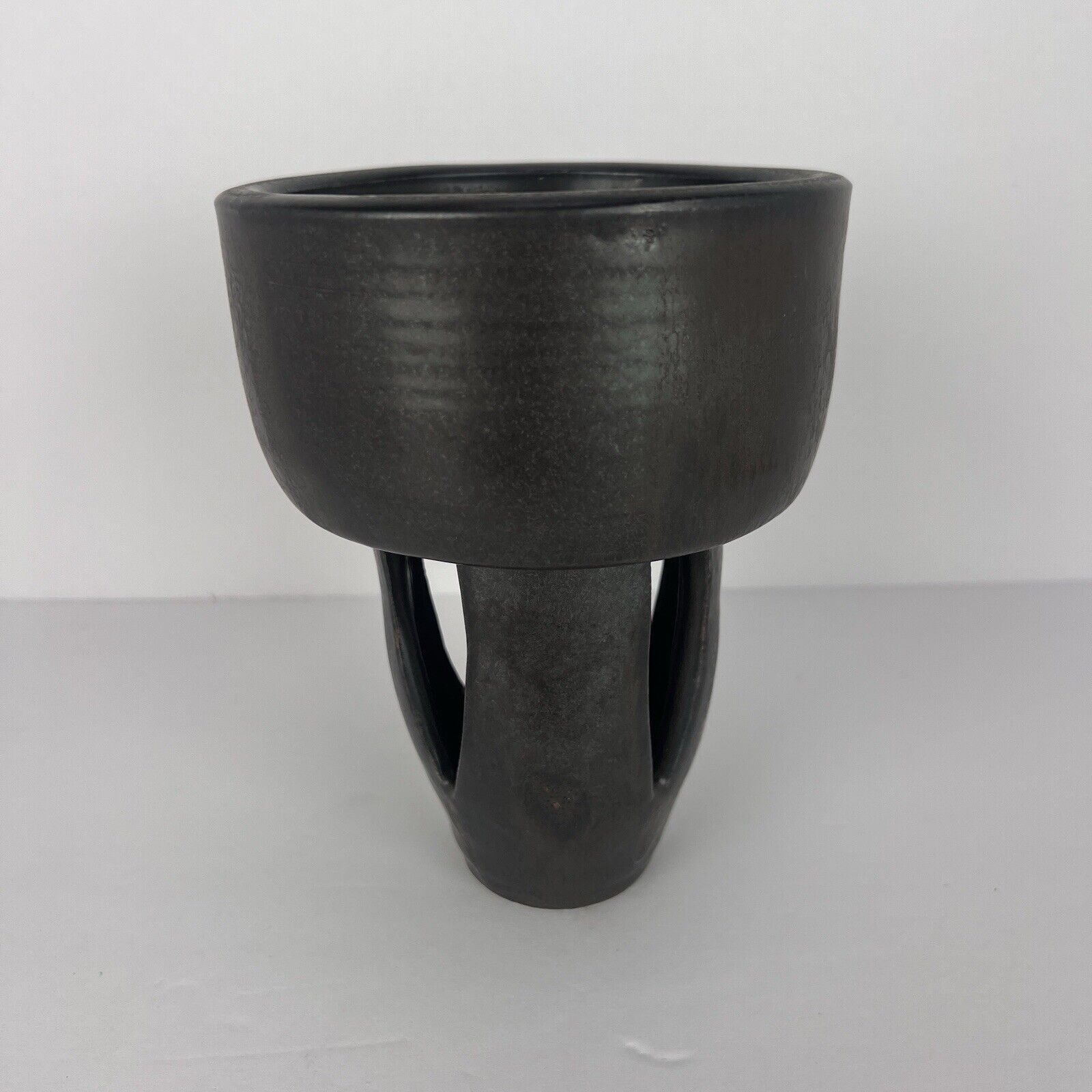 Vtg Vase Studio Pottery Ikebana Pedestal Matte Black 6in