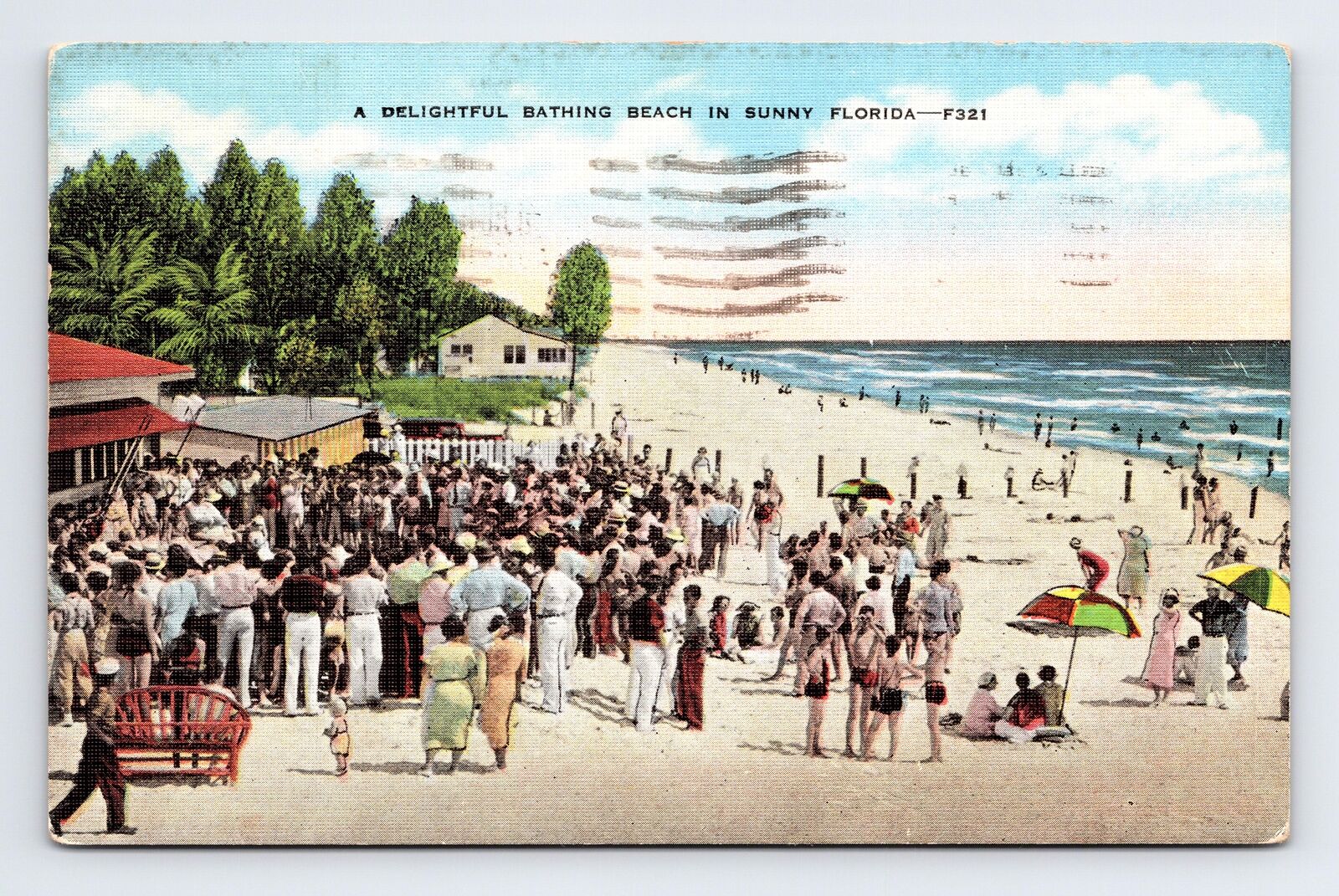 c1941 Linen Postcard FL Florida Delightful Bathing Beach in Sunny Florida