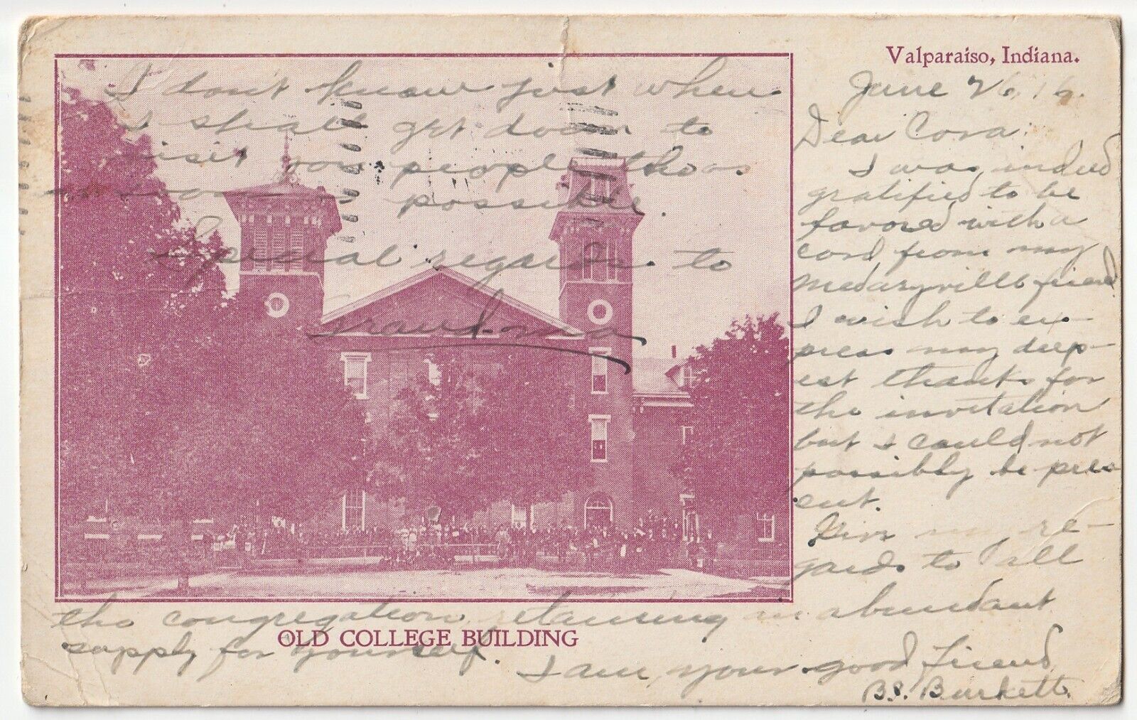 Valparaiso, Indiana - Old College Building - c1916 The Vale of Paradise postcard