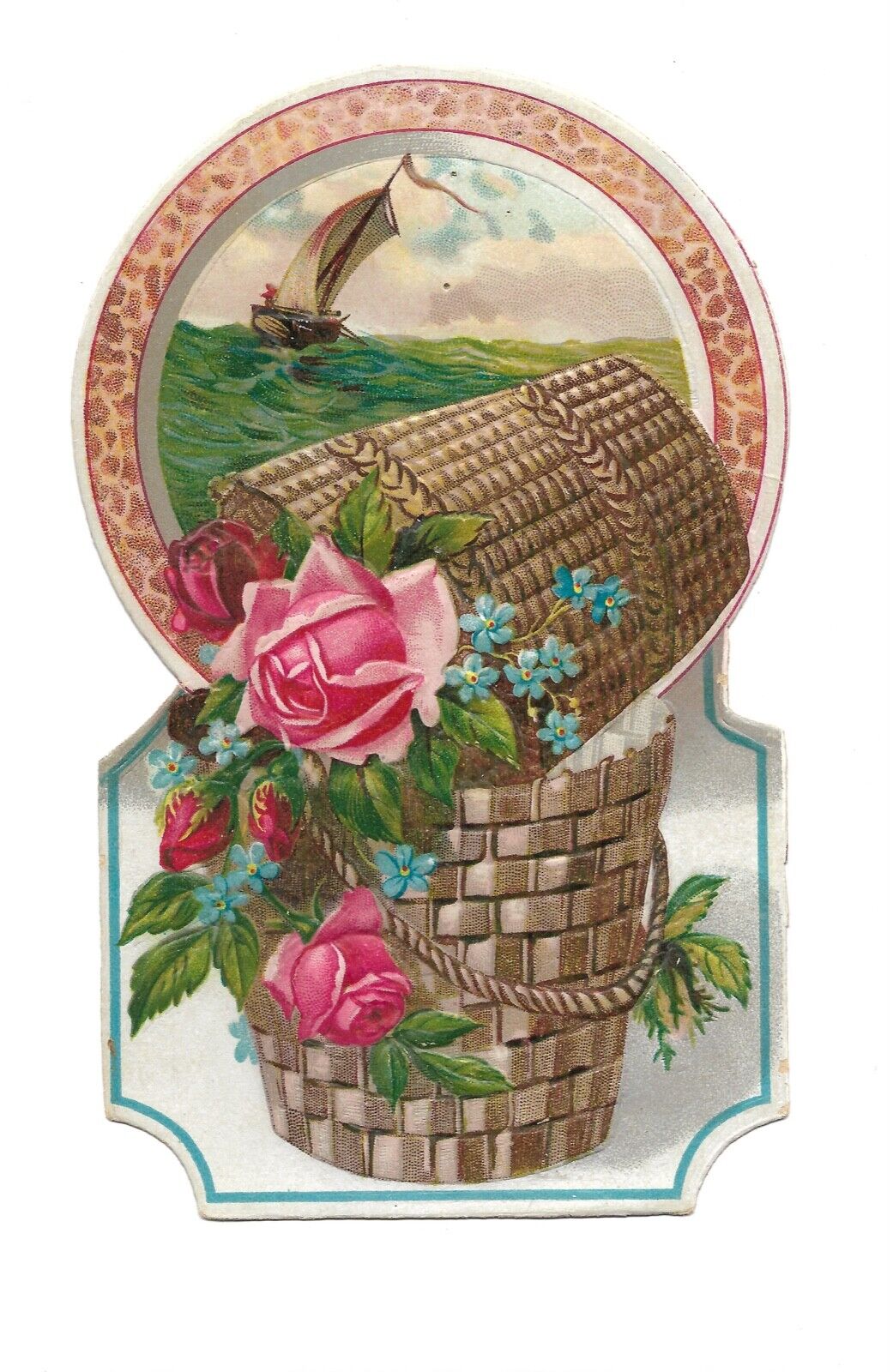 1880s-90s Die Cut Flower Basket, Sailboat. Embossed Postcard PC401
