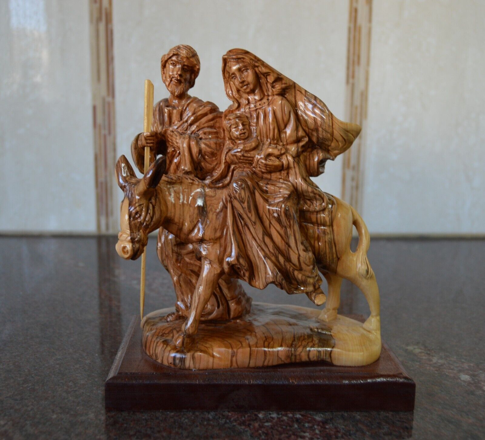 Rare Holy Family Flight to Egypt Olive Wood Hand Carved Statue from Jerusalem