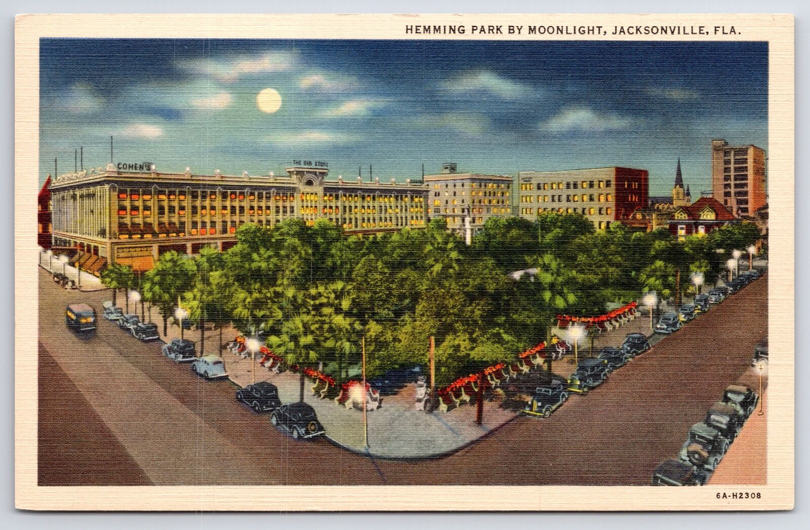 Jacksonville Florida~Hemming Park By Moonlight~c1930s Autos~Vtg Linen Postcard