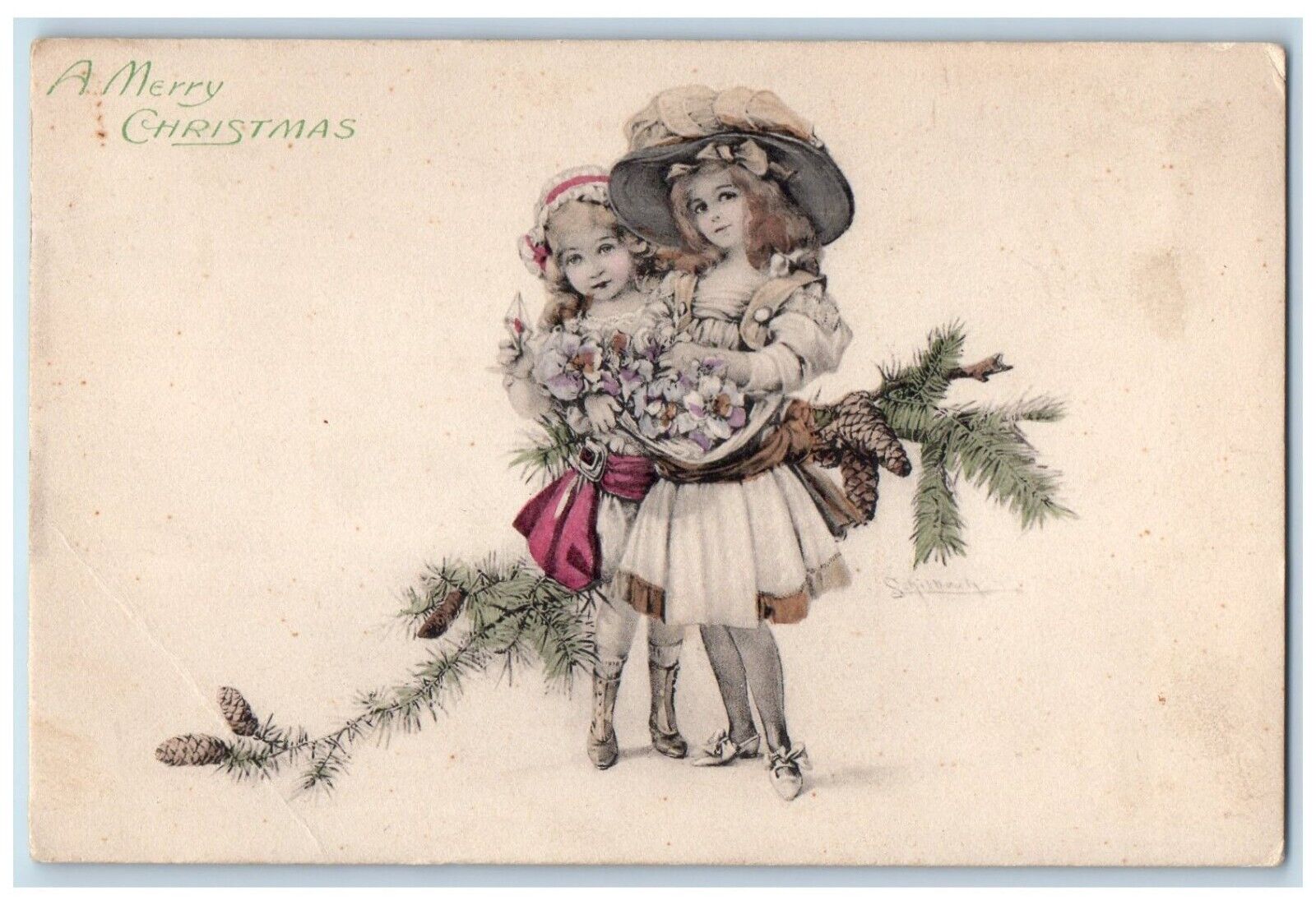 c1910\'s Merry Christmas Pretty Girls Pine Cone With Flowers Antique Postcard