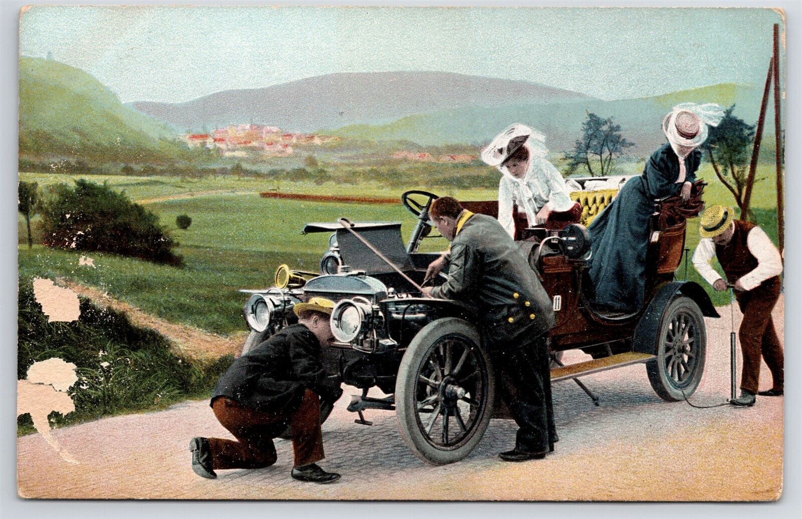 Postcard c1909 Roadside Car Repair 
