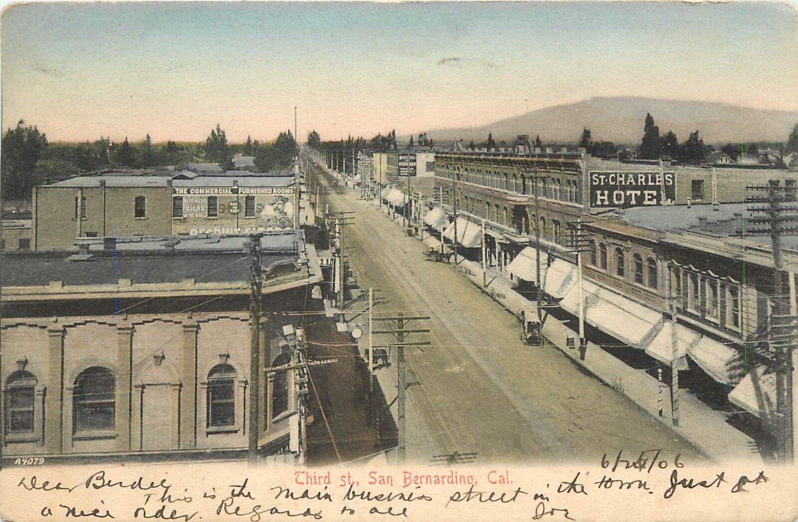 c1906 Hand-Colored Postcard 3rd Street Scene San Bernardino CA St. Charles Hotel