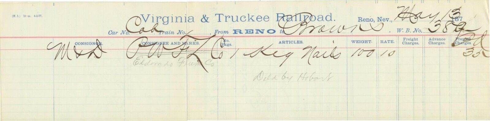 1880s Virginia & Truckee Railroad letterhead ship ticket Reno to Browns