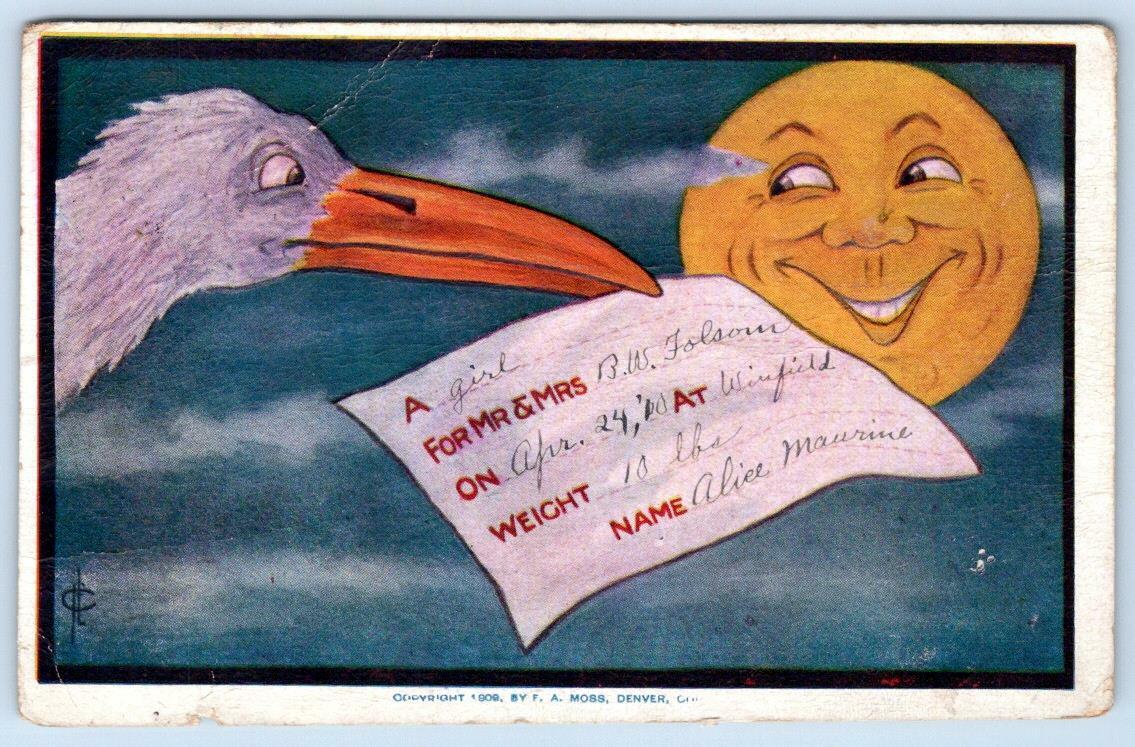 1910 SMILING MAN IN THE MOON STORK BIRTH ANNOUNCEMENT ANTIQUE POSTCARD F A MOSS