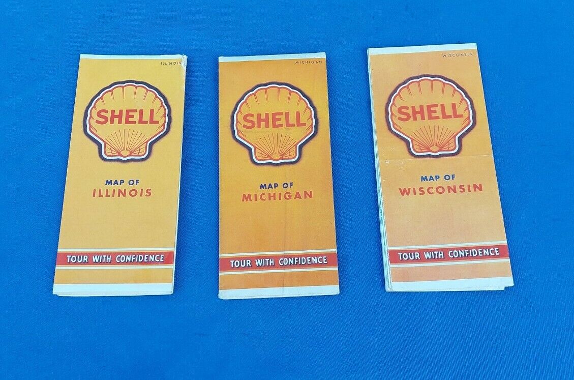 3 Original 1940 Shell Oil/Gas Co. Fold Out Road Maps Illinois Michigan Wisconsin