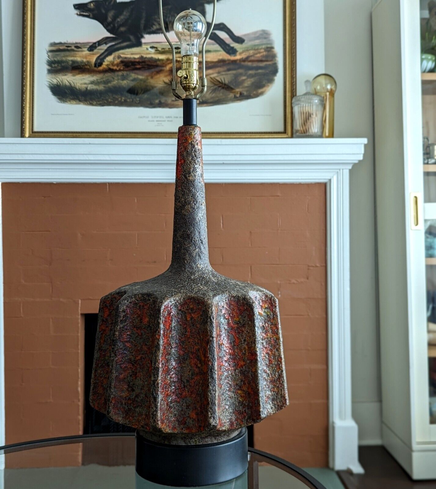 Large MCM Lava Glaze Ceramic Table Lamp after Fantoni Geometric 1960s Vtg Art