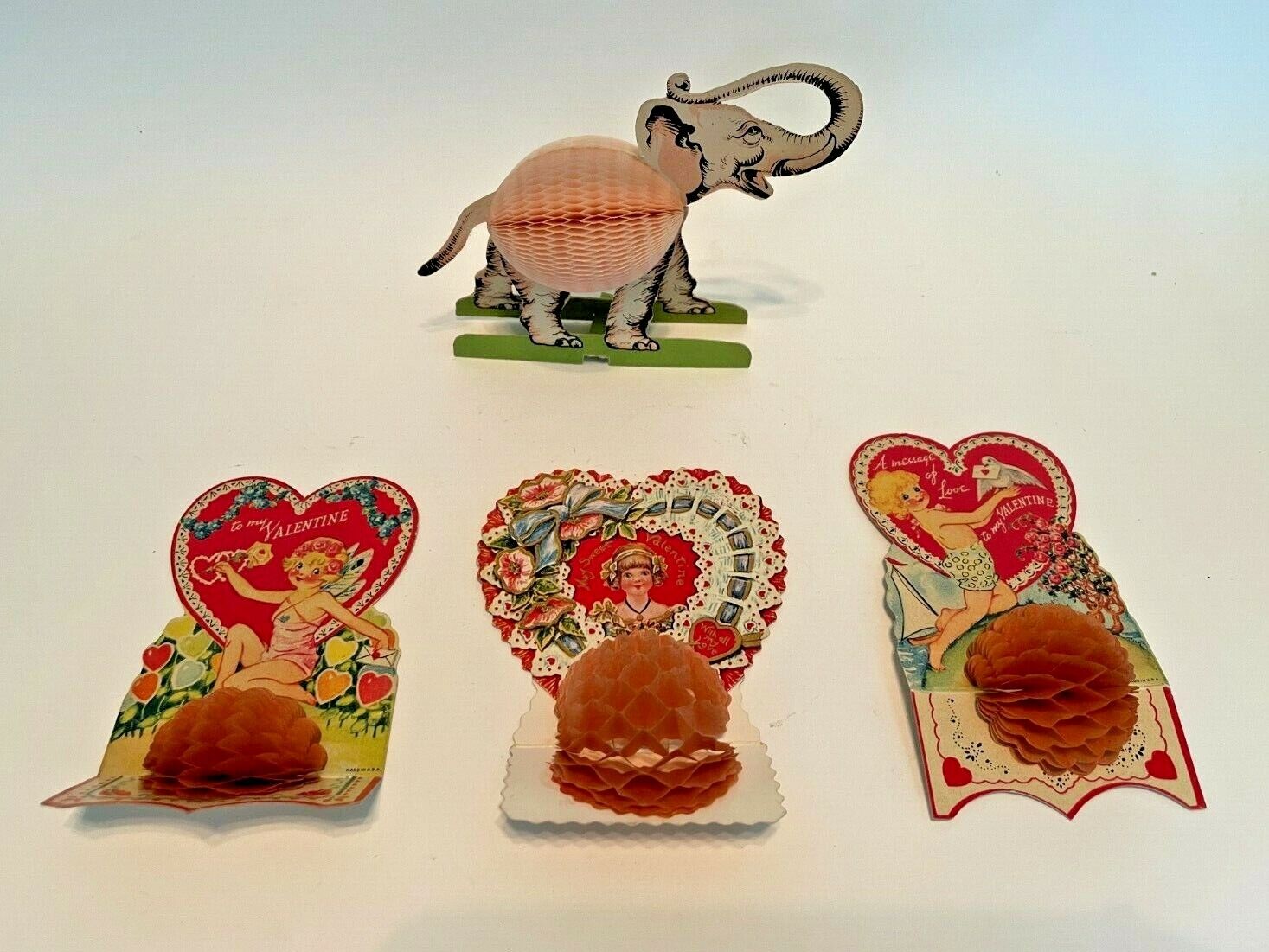 Lot Of 4 Antique 1930\'s Honeycomb Valentine Cards Including Elephant Denmark