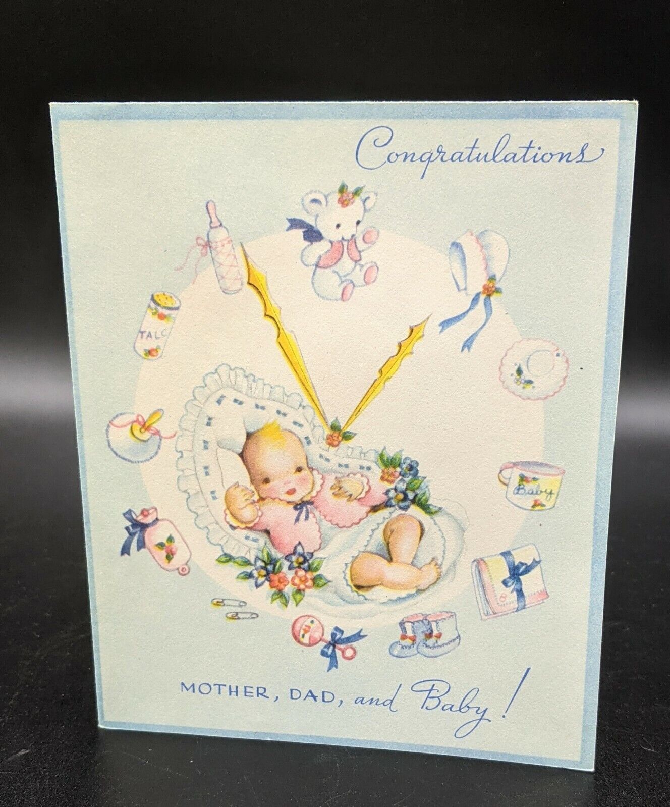 Unsigned Vintage Wallace Brown Greeting Card BABY Clock Congrats Mother Dad 
