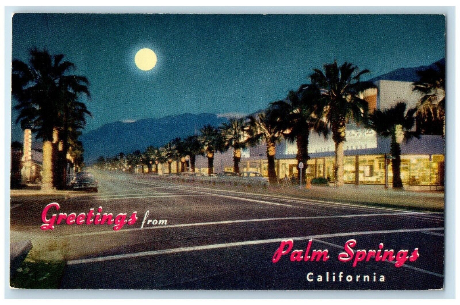 1957 Greetings Picturesque Canyon Drive Night Palm Springs California Postcard