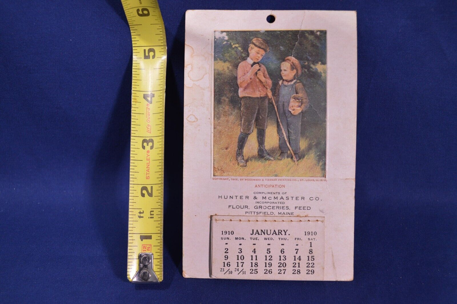 Vintage 1910 Hunter & McMaster Co Calendar,Pittsfield Maine,Untorn Pages