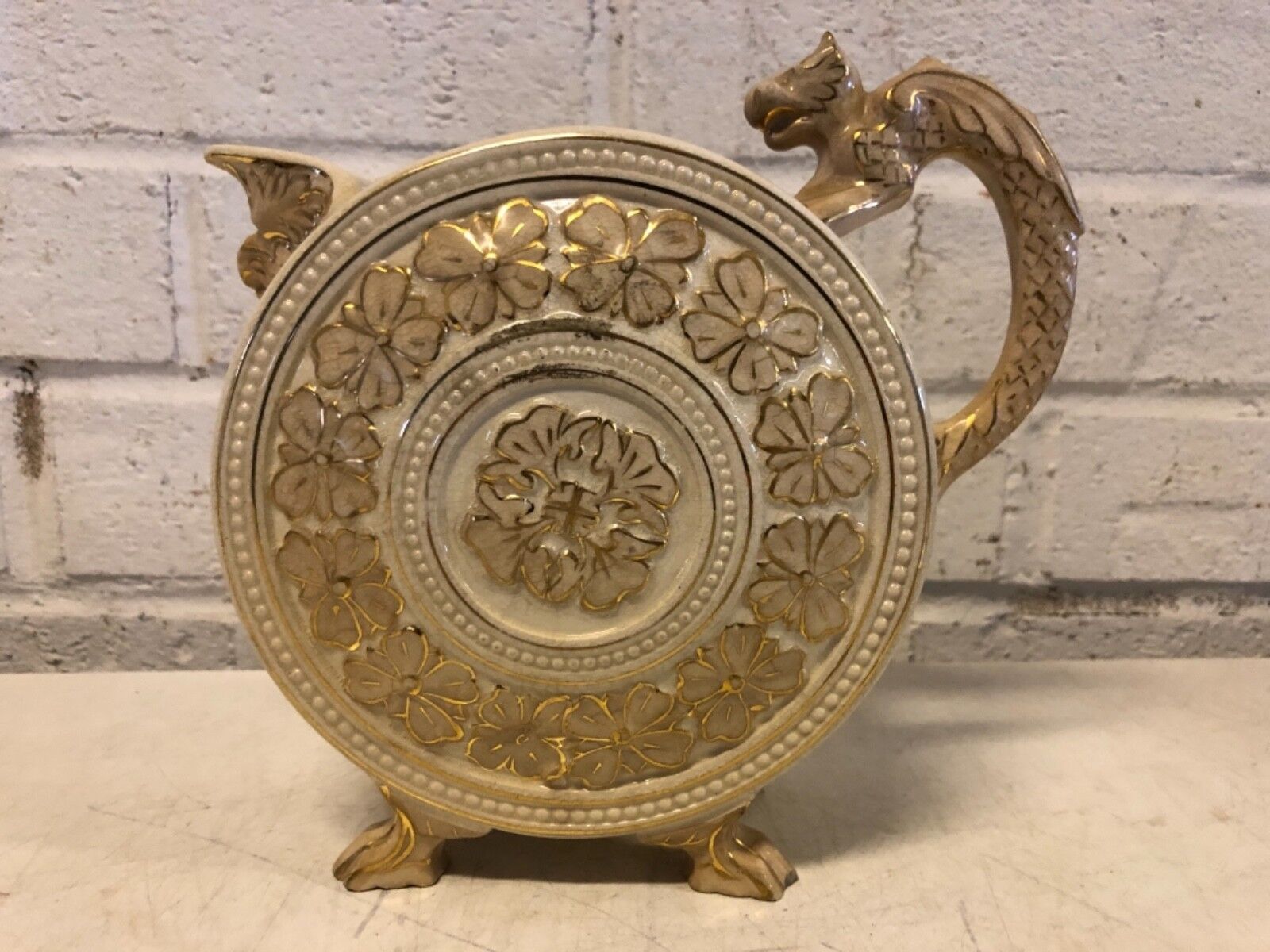 Antique English Ceramic Circular Lion Floral Decorative Creamer
