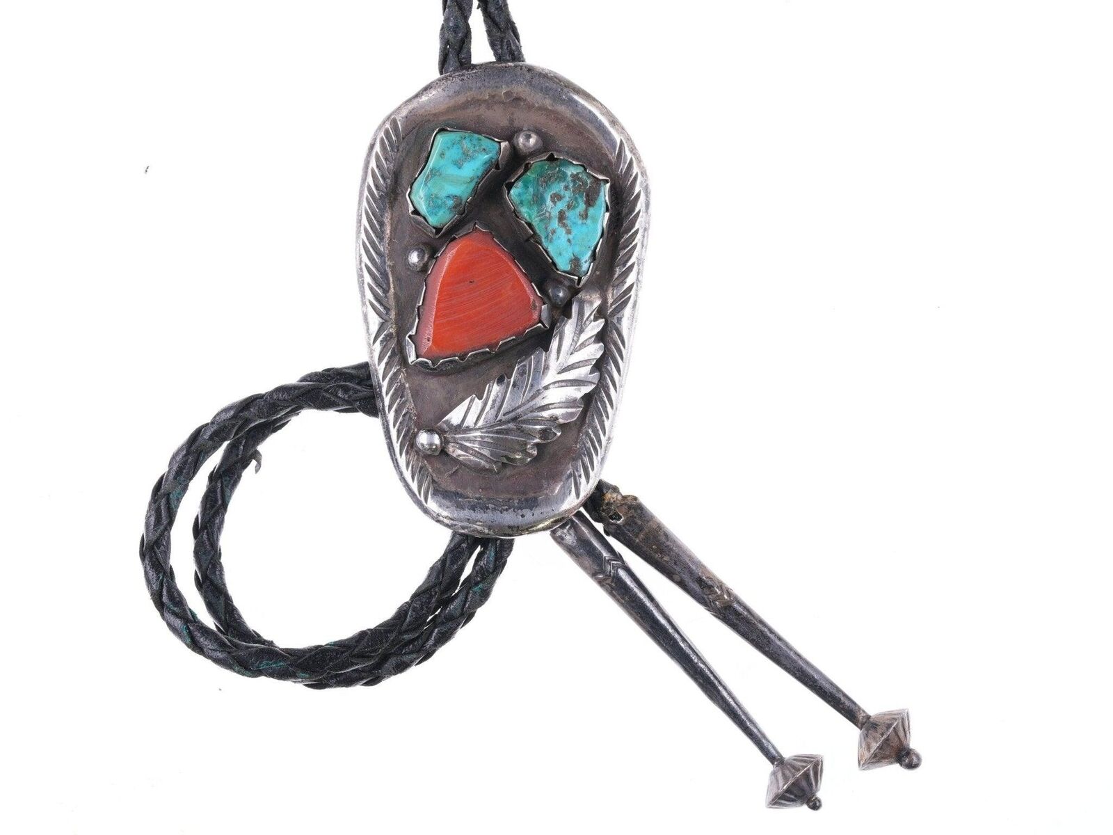 1950\'s Navajo silver, turquoise and coral bolo tie