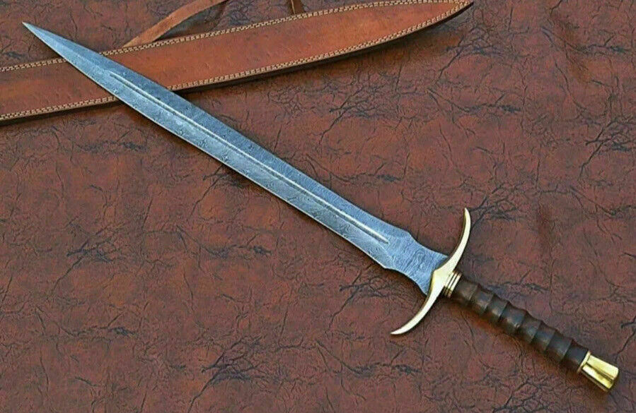 Viking Ranger Sword\' Battle Ready, DAMASCUS STEEL Full Tang Brass Guard 31Inches