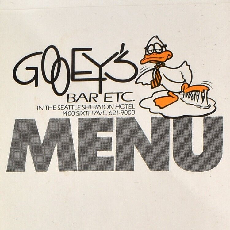 1980s Gooey\'s Bar Etc Restaurant Menu Seattle Sheraton Hotel Washington