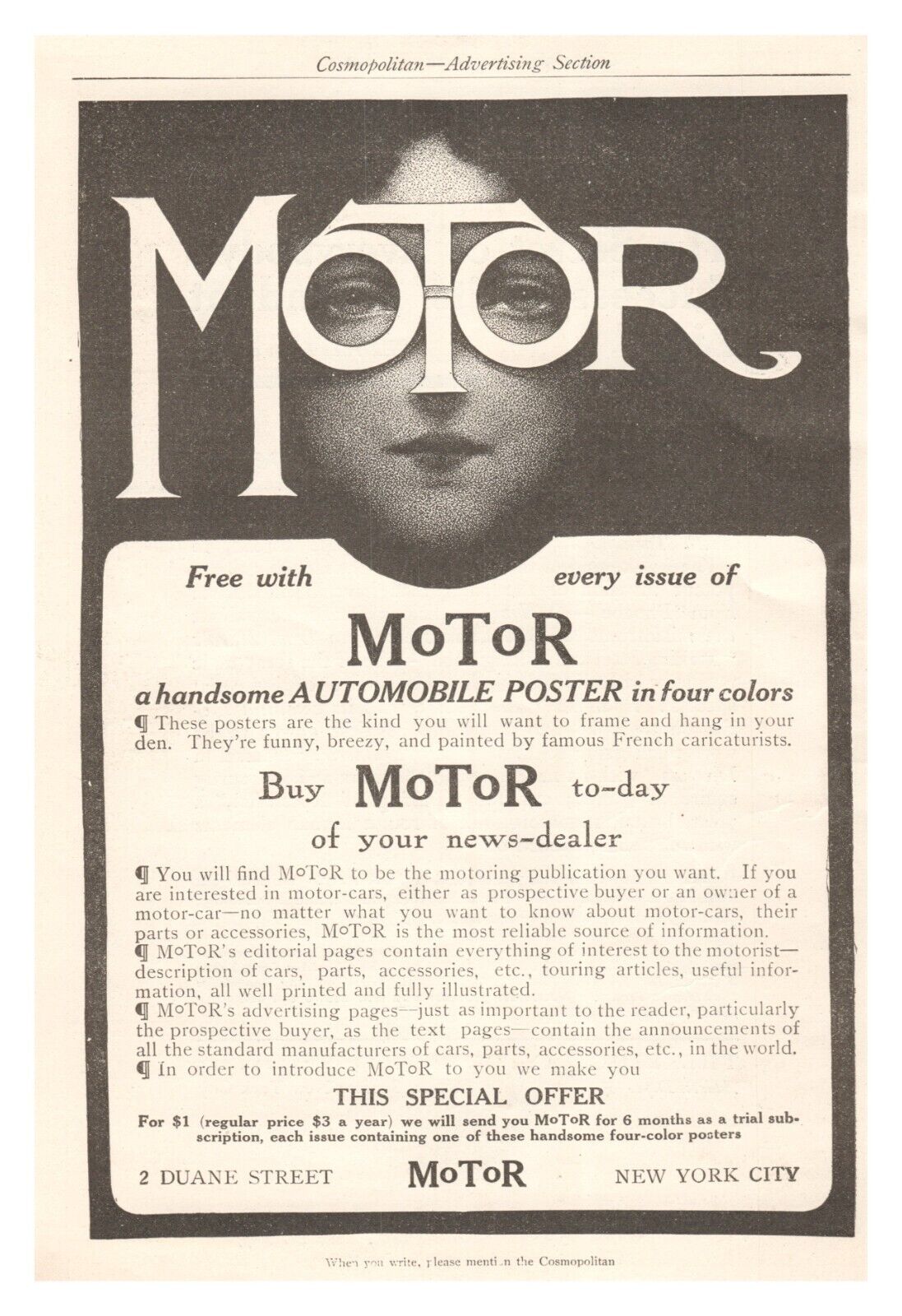 Print Ad 1907 MoToR Magazine Offer Free Color Automobile Poster New York City