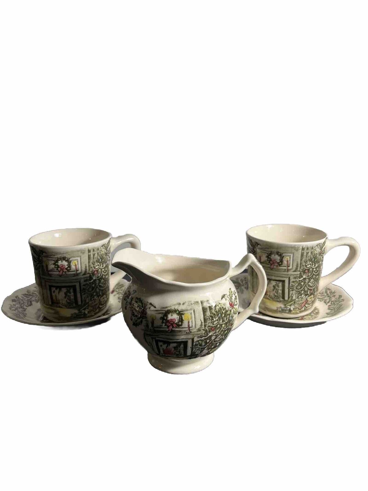Vintage Johnson Brothers Christmas Set, Saucers, Mugs , And Teapot