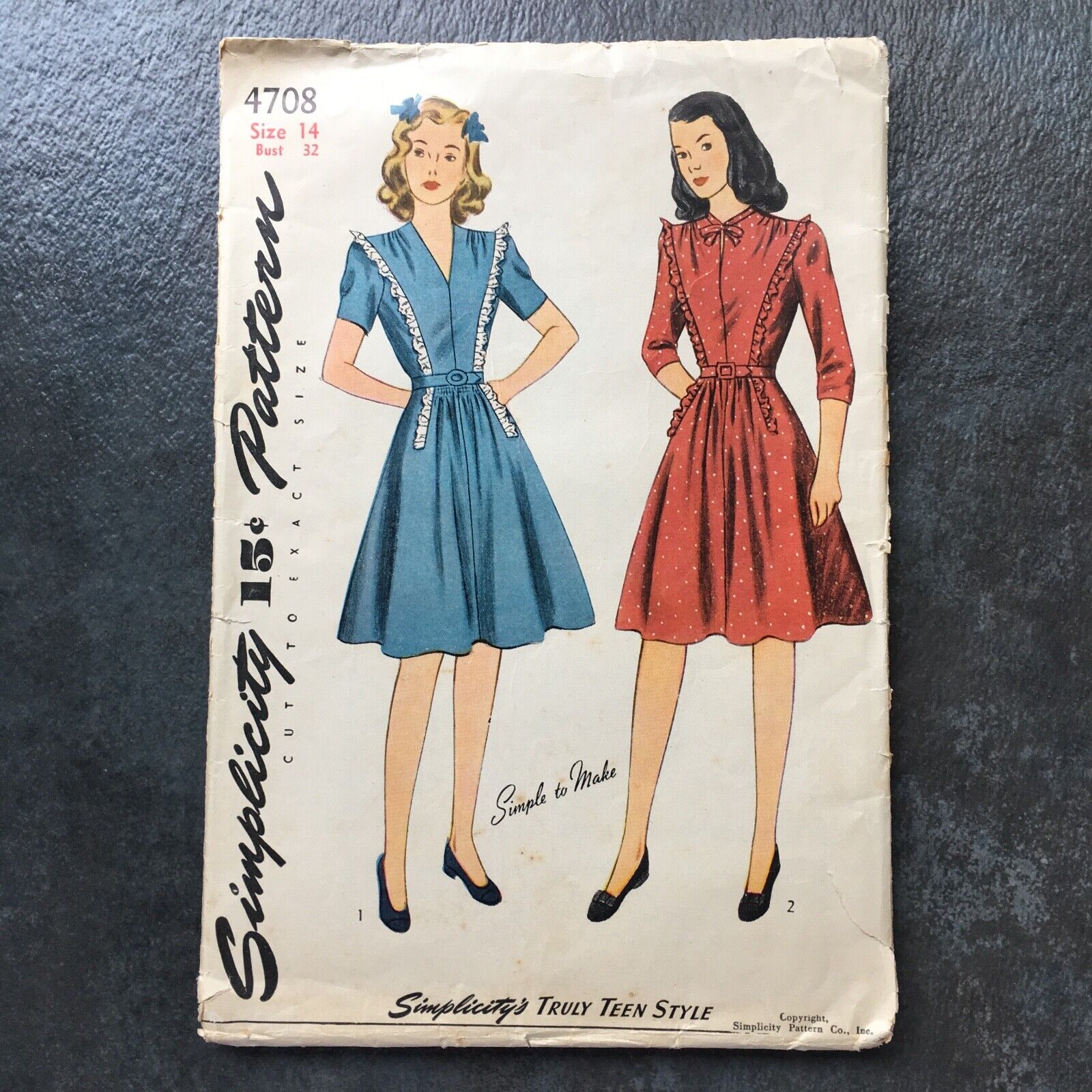 Vintage original 1940s Simplicity Pattern 4708 Truly Teen Style dress 14 unused