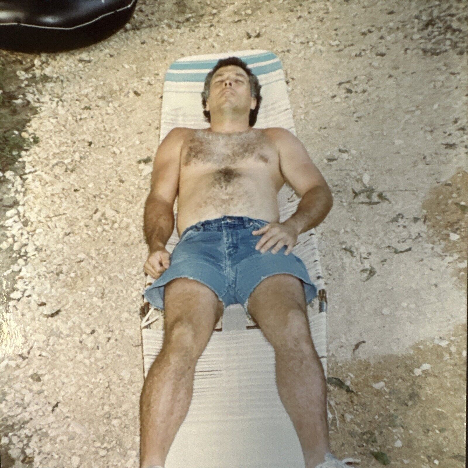 Shirtless Hairy Silver Fox Man Sleeping Gay Interest, REAL VINTAGE COLOR PHOTO