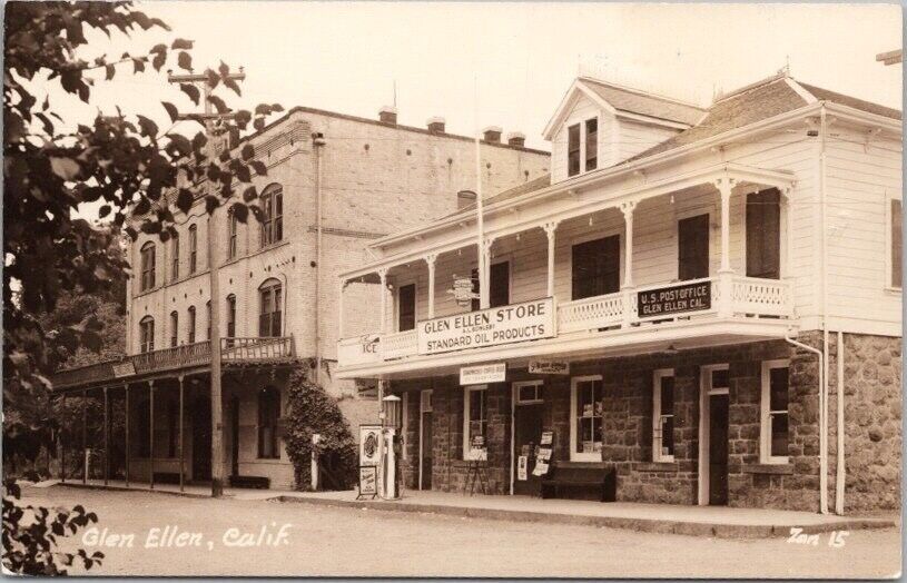 c1940s GLEN ELLEN, California RPPC Real Photo Postcard Hotel & Store / Gas Pump