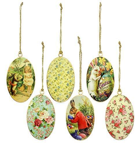 Vintage Style Egg-Shaped Easter Decorations Set of 6; Bunny and Egg Ornaments
