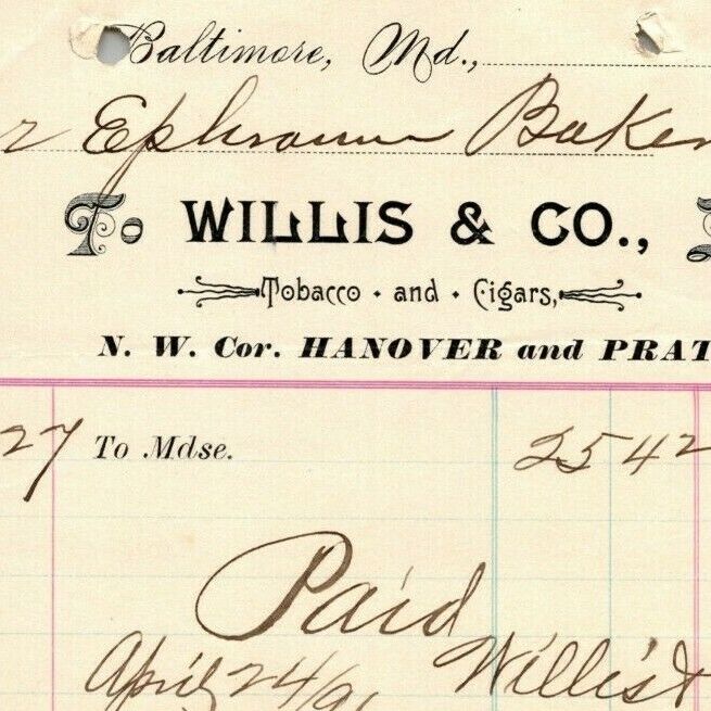 1896 Letterhead Billhead Willis & Co. Tobacco Cigars Baltimore Ephraim Baker* 