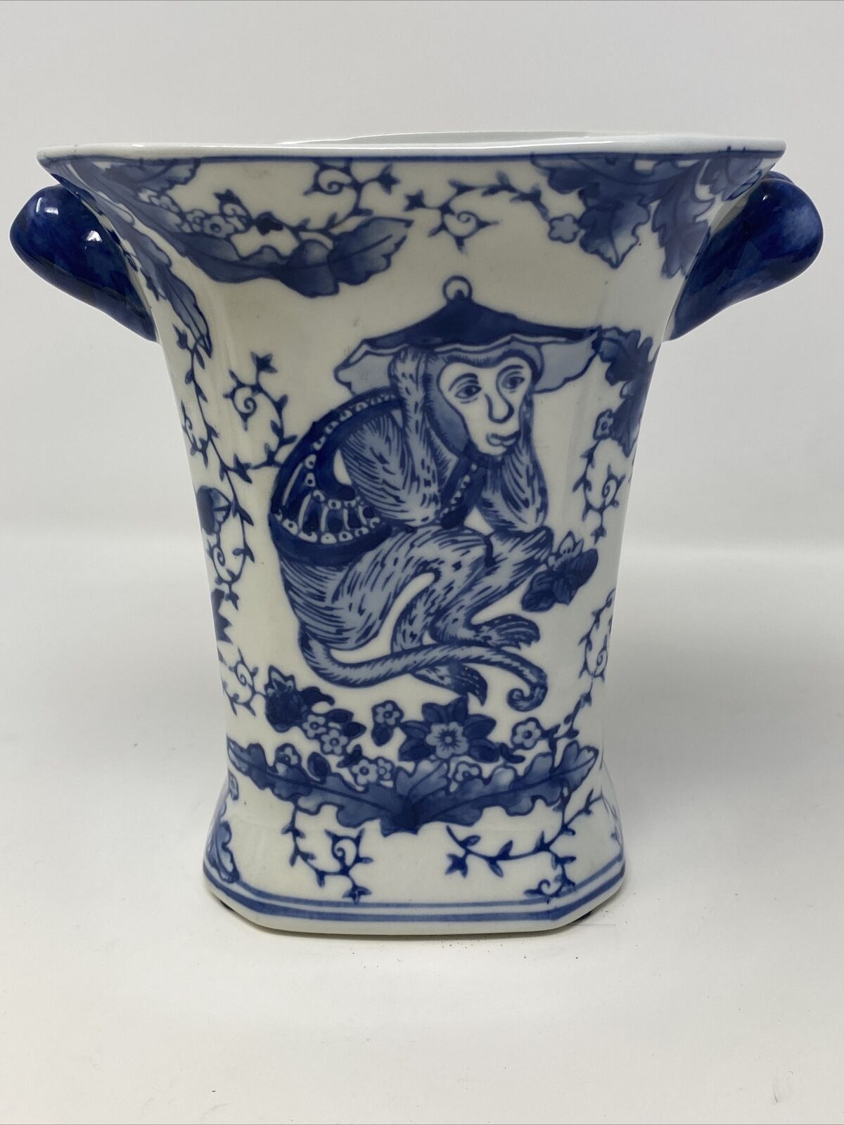 Vintage Oriental Porcelain Hear No Speak No Evil Monkey Blue White Vase