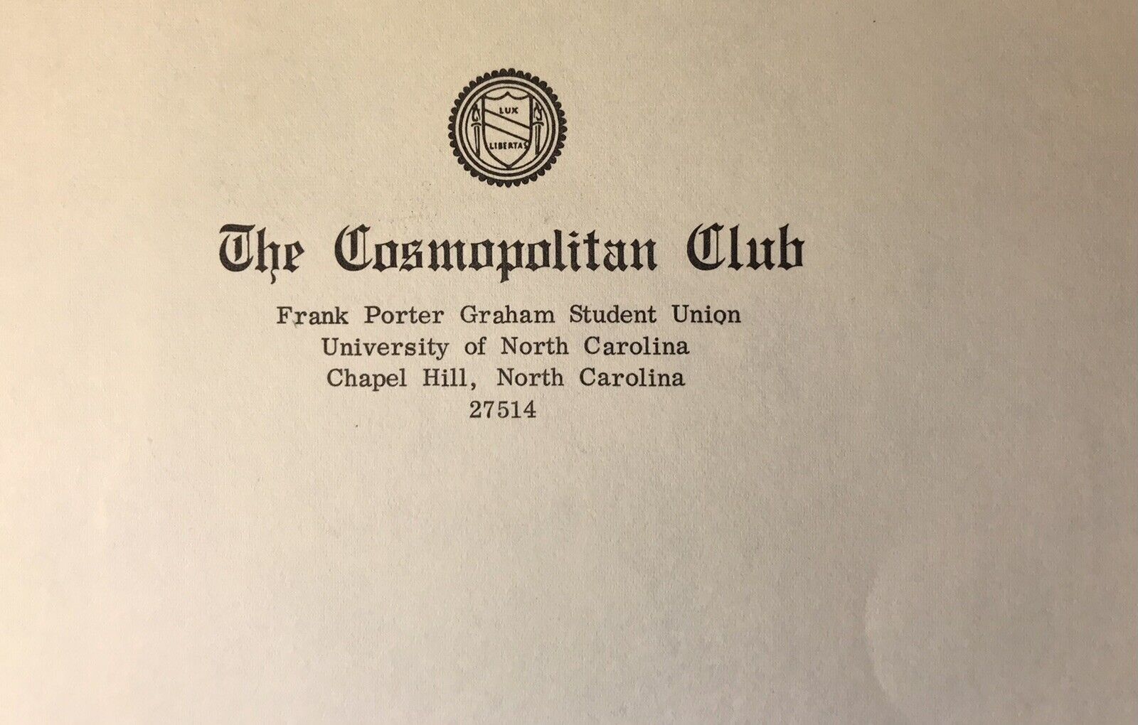 Chapel Hill NC The Cosmopolitan Club Letterhead Blank University North Carolina