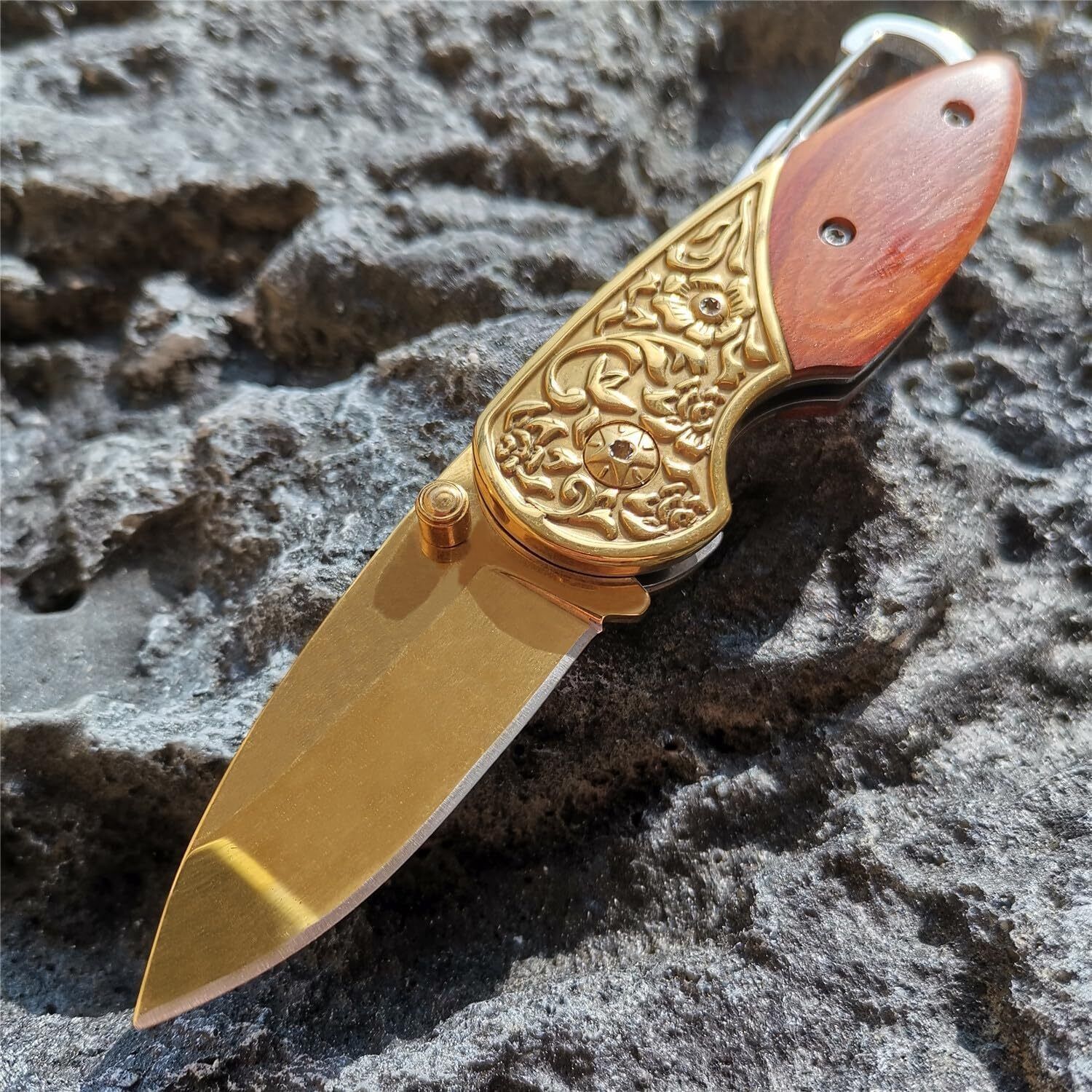 Gold Keychain Folding Knives with Pocket Stainless Steel Blade with Wood Handle