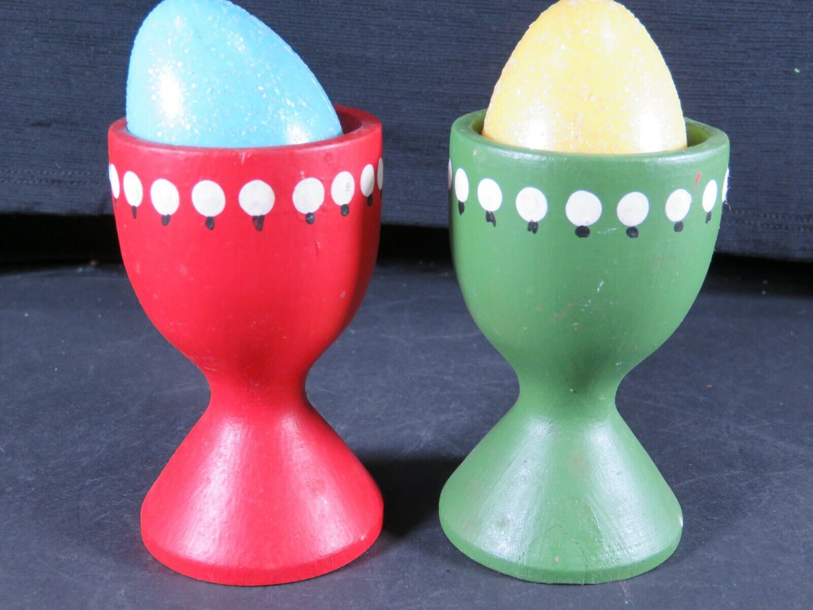 2 Vintage Wooden Easter Egg Holders Sweden Hand Painted 2 Plastic Eggs Lot B2217