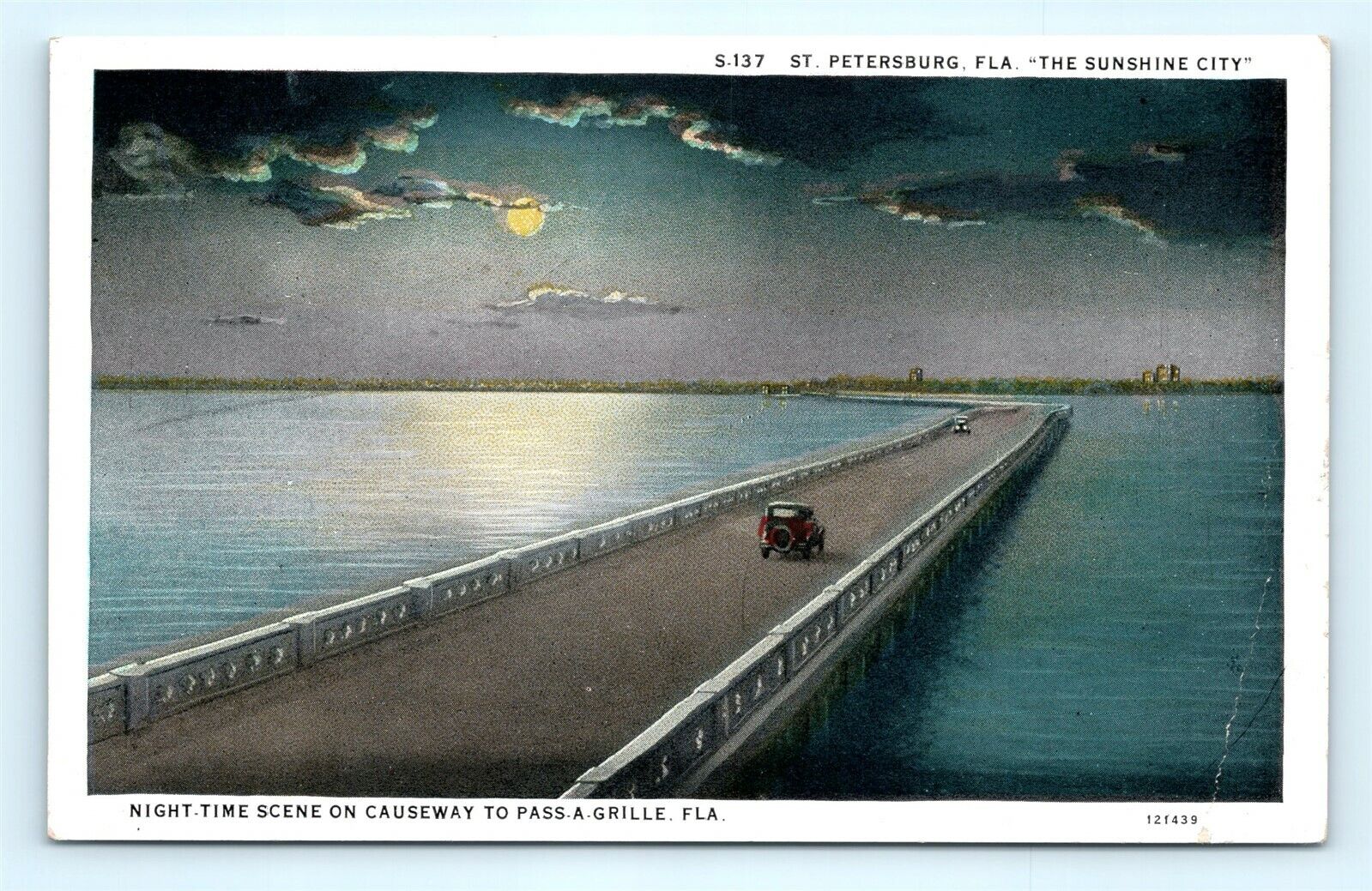Postcard FL St Petersburg Night Time Scene Causeway to Pass A Grille c1920s E20