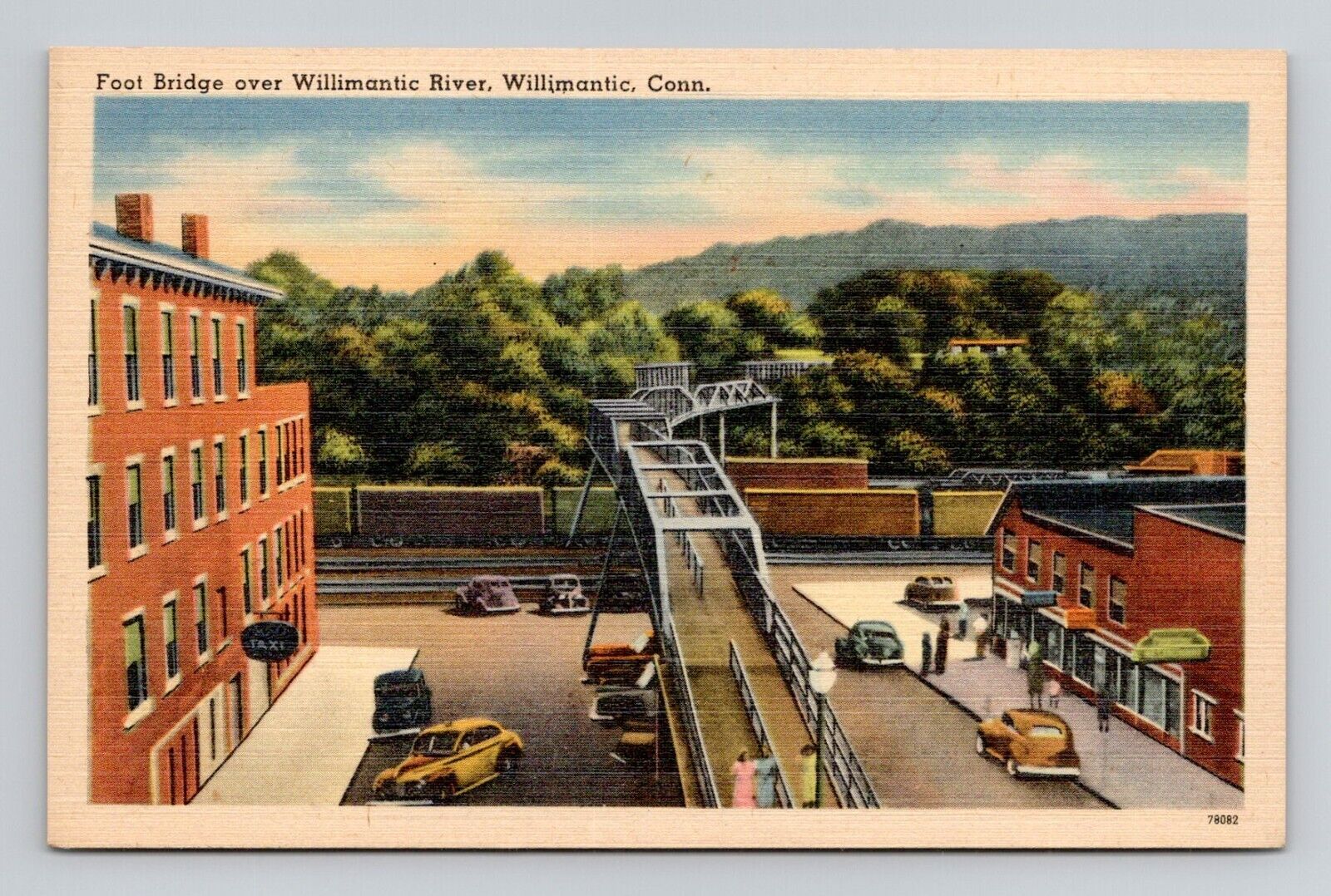 Postcard Foot Bridge Willimantic River Connecticut CT, Vintage Linen H10