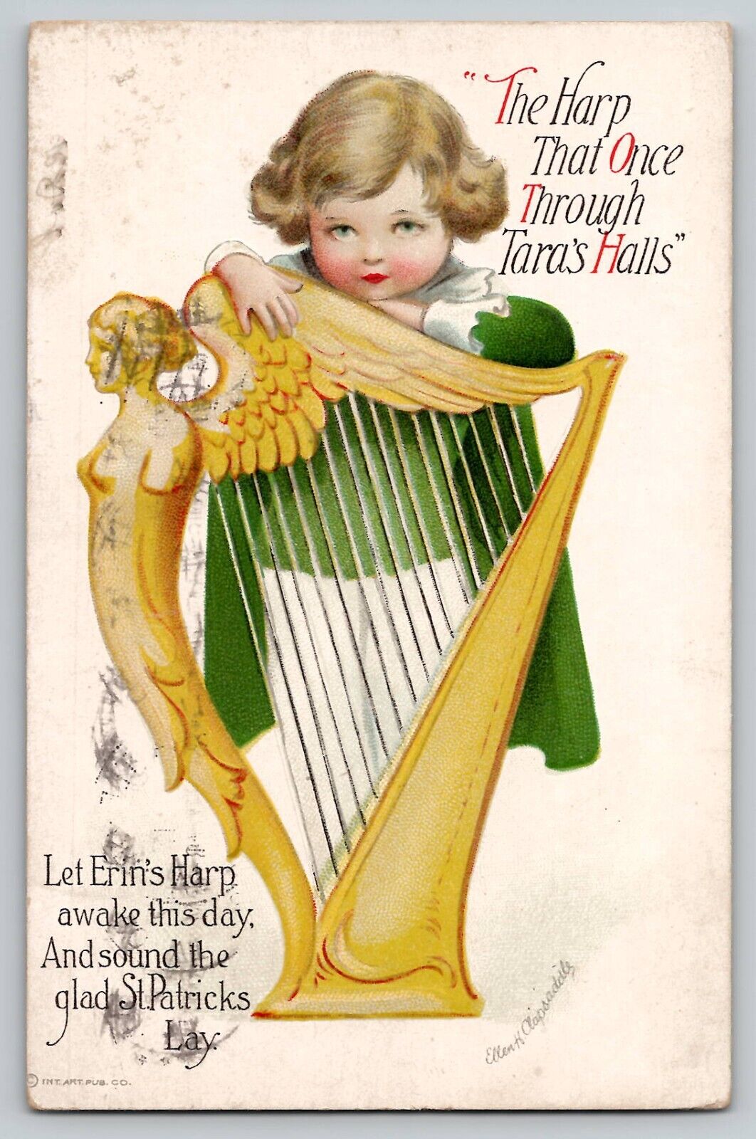 St. Patrick\'s Day Signed CLAPSADDLE Little Girl Harp 1919 Vtg Antique Postcard
