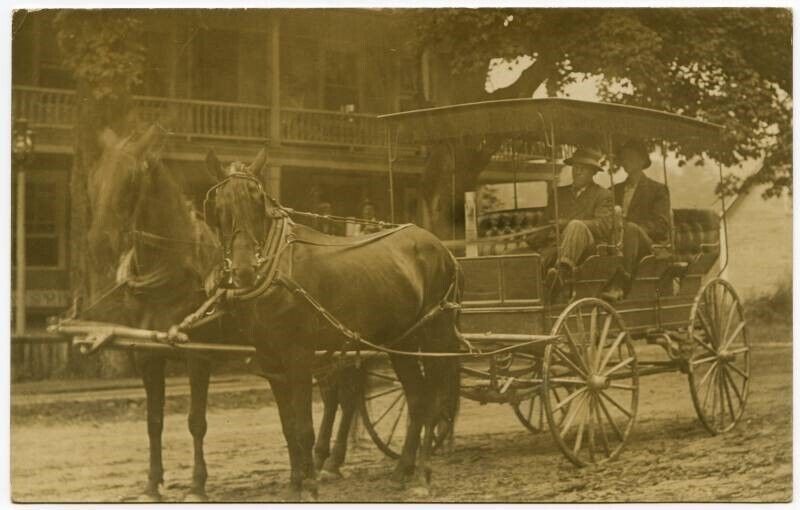 Early 1900s Taxi? AZO Real Photo Postcard Two Men in Two-horse Drawn Carriage