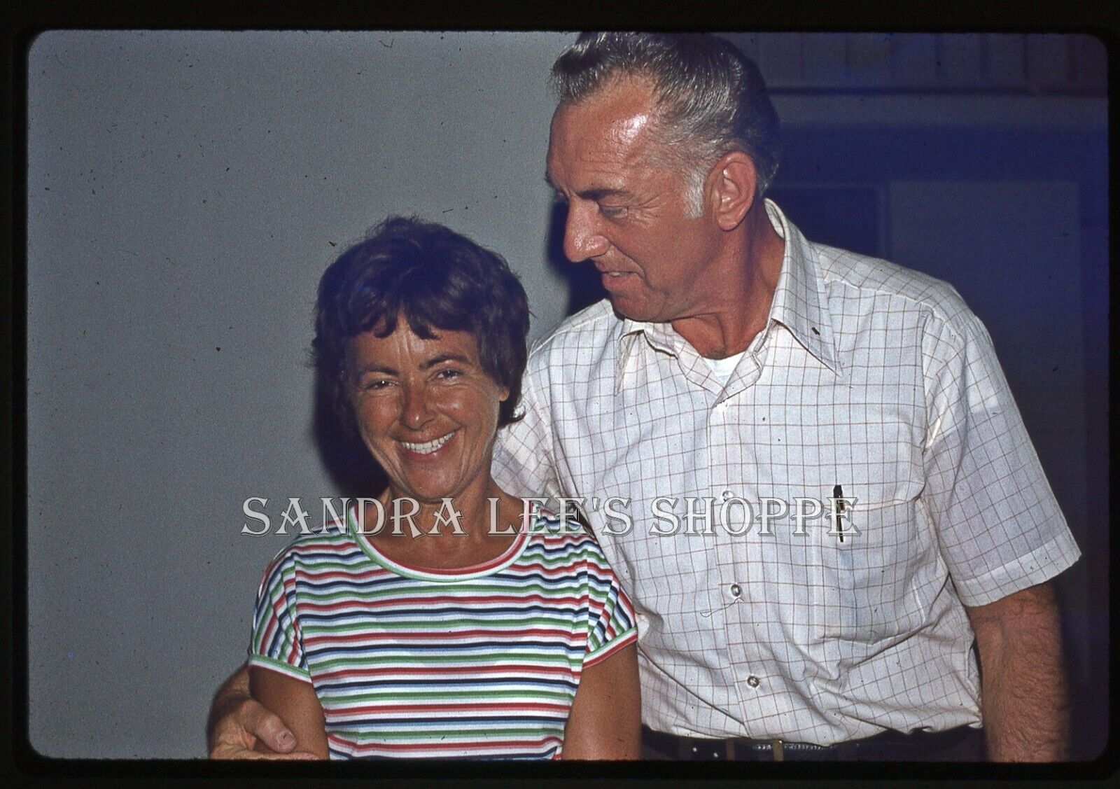 1970s Single Slide Man Hugging Smiling Woman Short Hair Stripe T-Shirt #4889