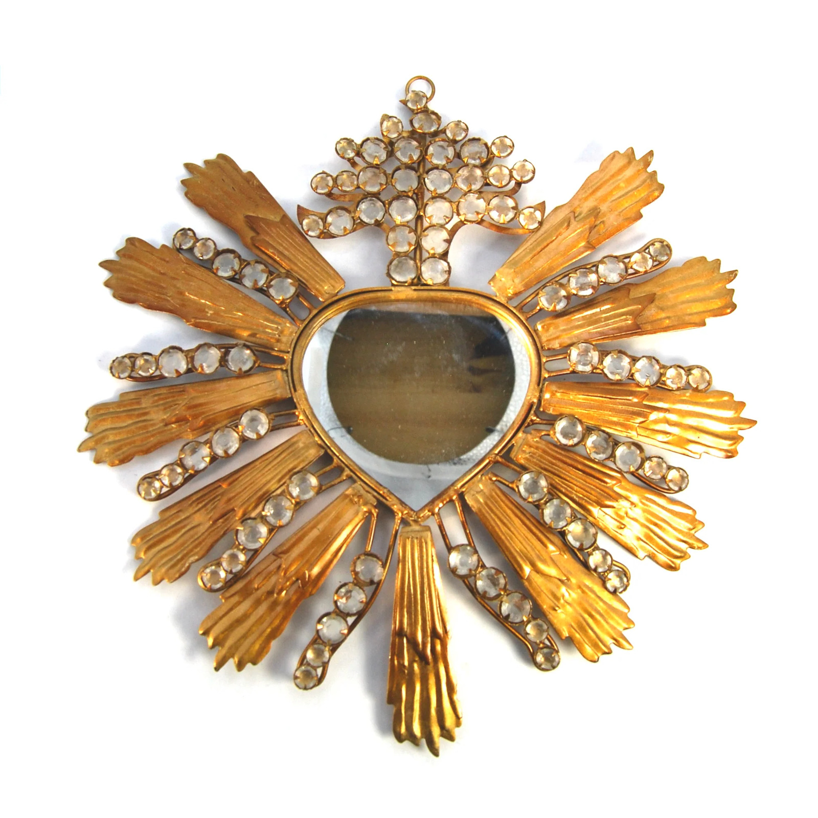 STUNNING 8in Jeweled Sacred Heart Ex Voto Accent Mirror, Antiqued Gold Milagro O