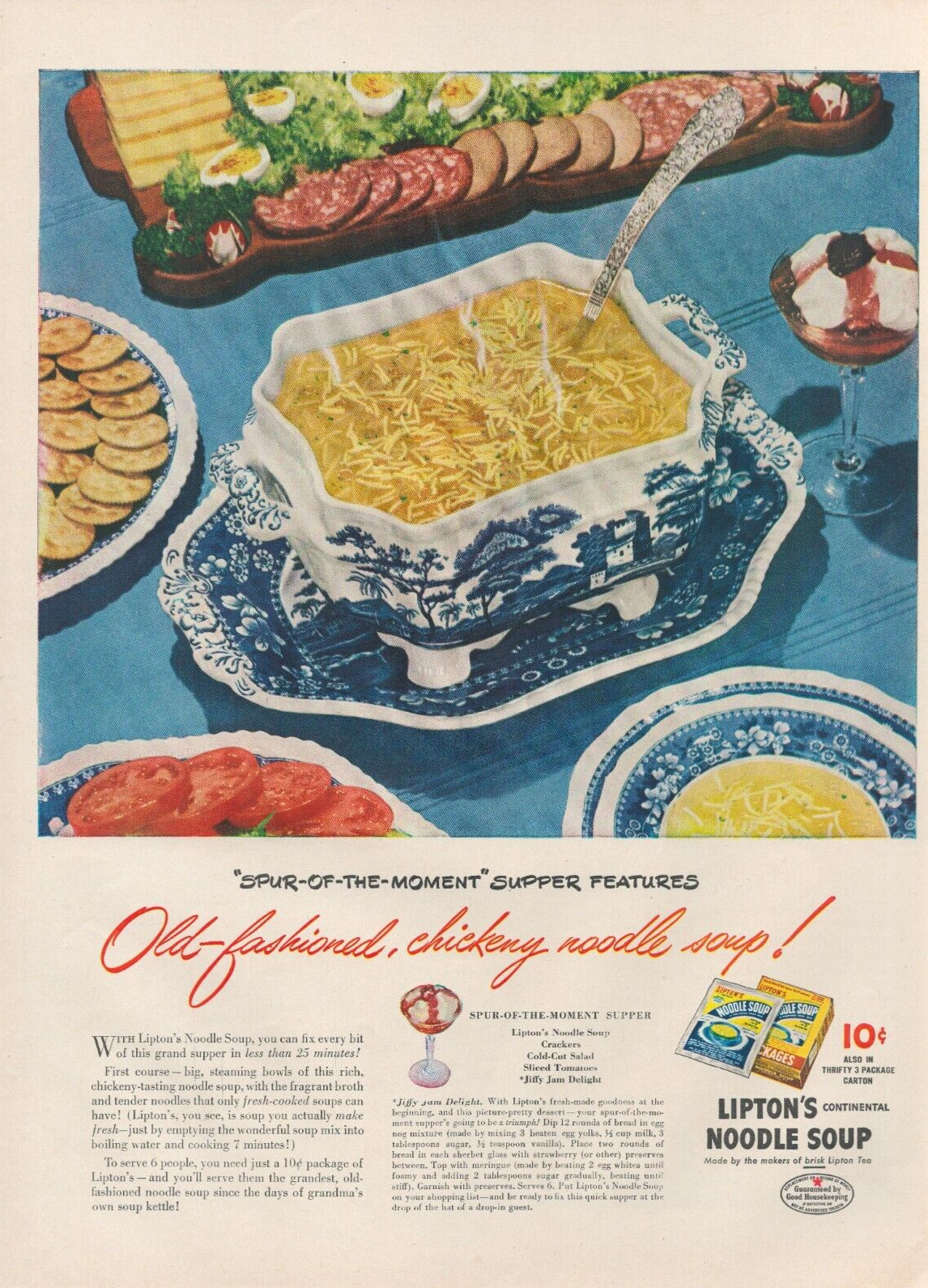 1945 Lipton\'s Noodle Soup Spur Of The Moment Supper Features Vintage Print Ad