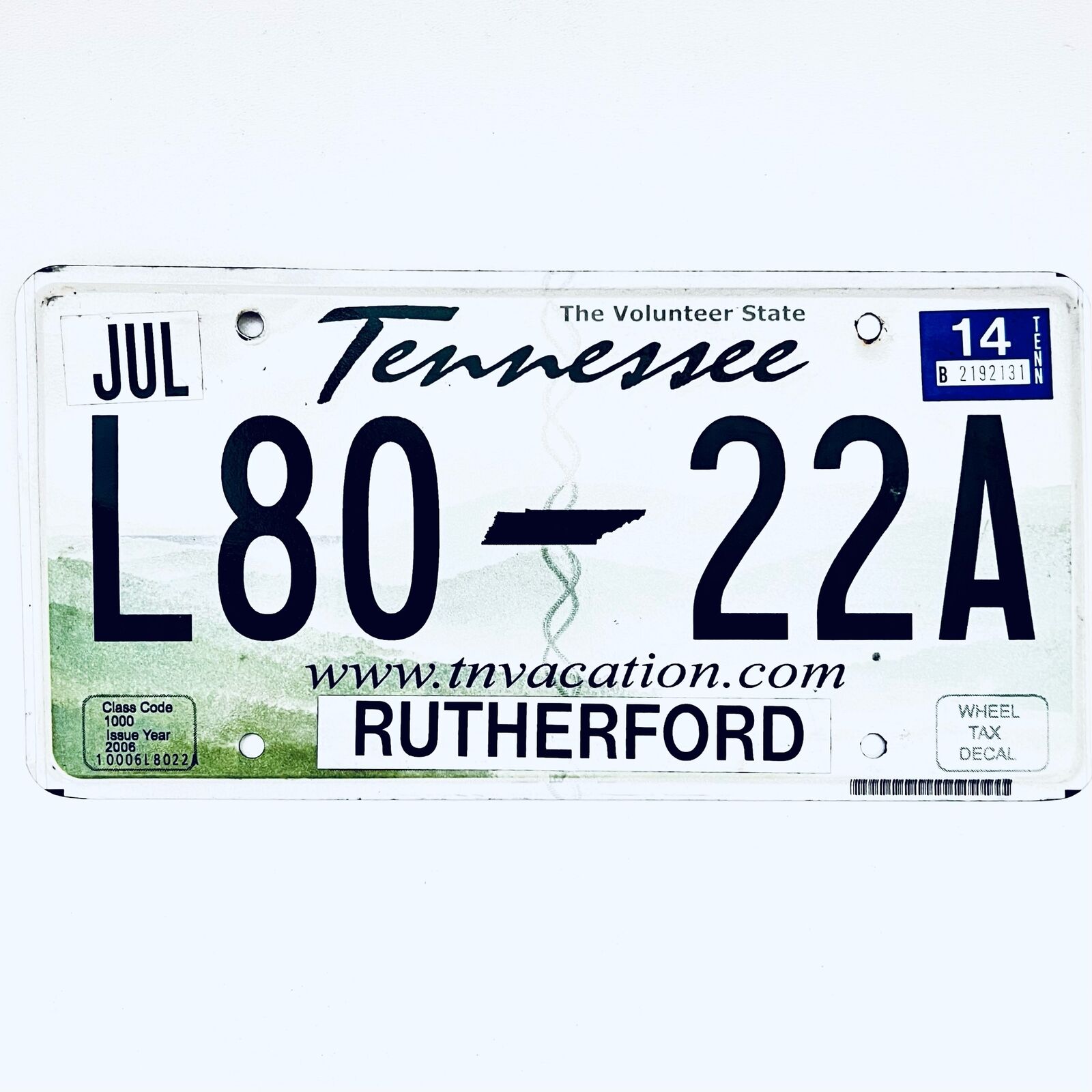 2014 United States Tennessee Rutherford County Passenger License Plate L80 22A