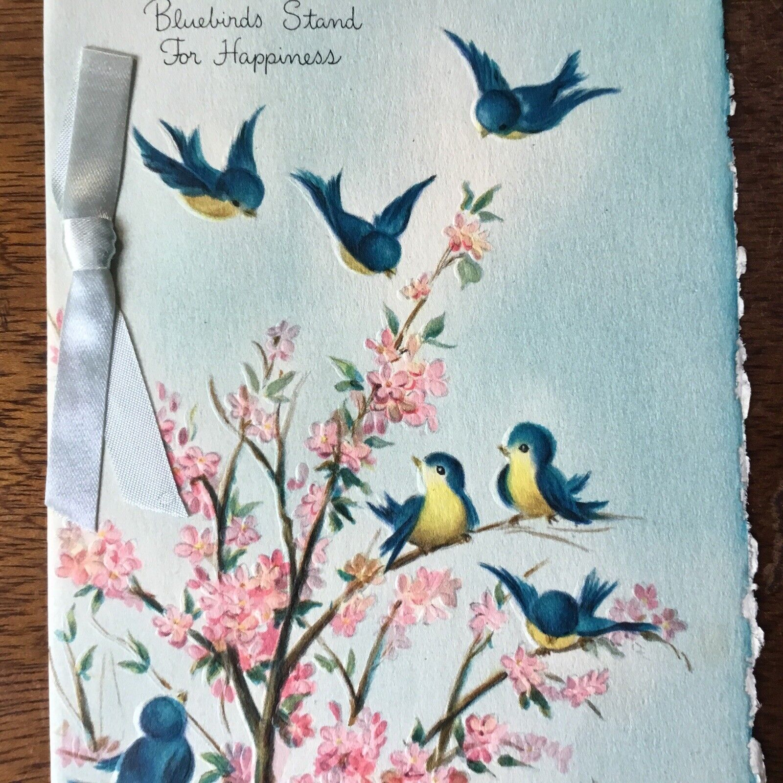 VTG Greeting Card Hallmark Crown Bluebirds Pink Bush Real Ribbon Embossed
